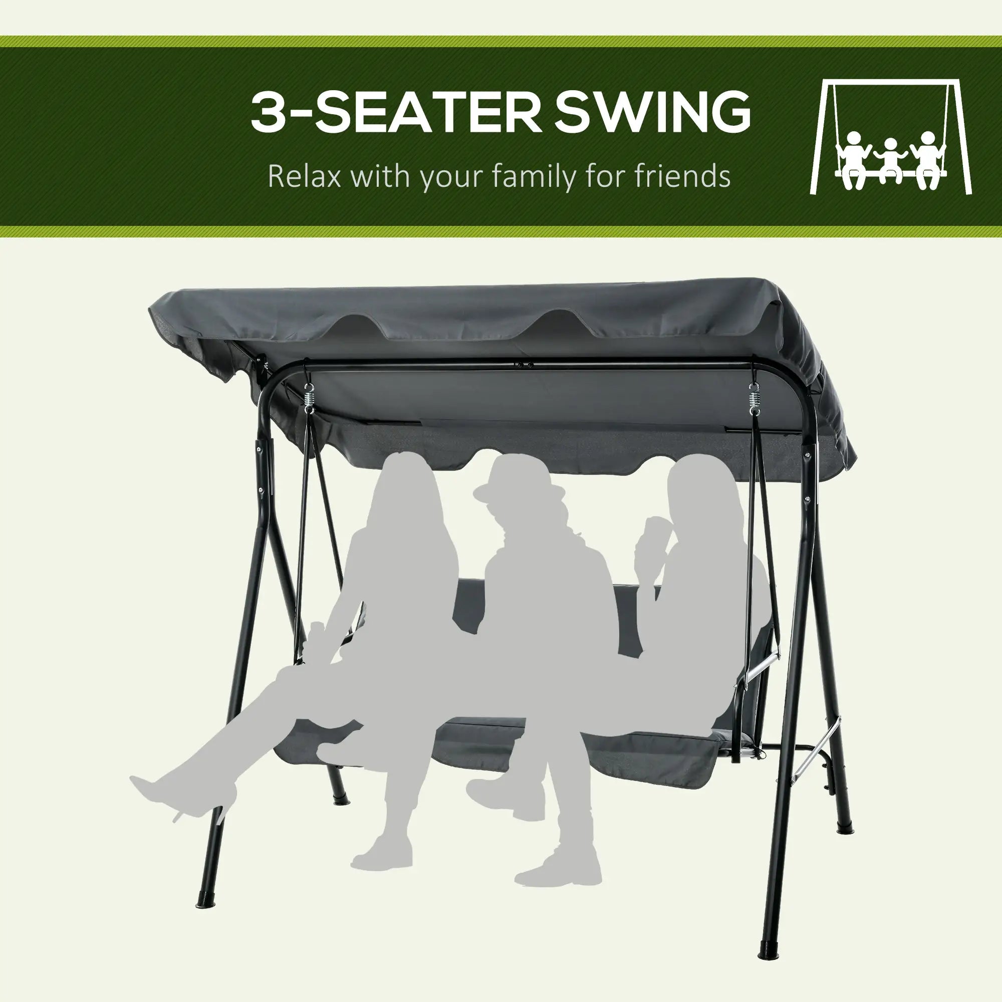 3 Seater Garden Swing Chair, Outdoor Swing Chair with Adjustable Canopy, Mental Frame & Cushions, Grey