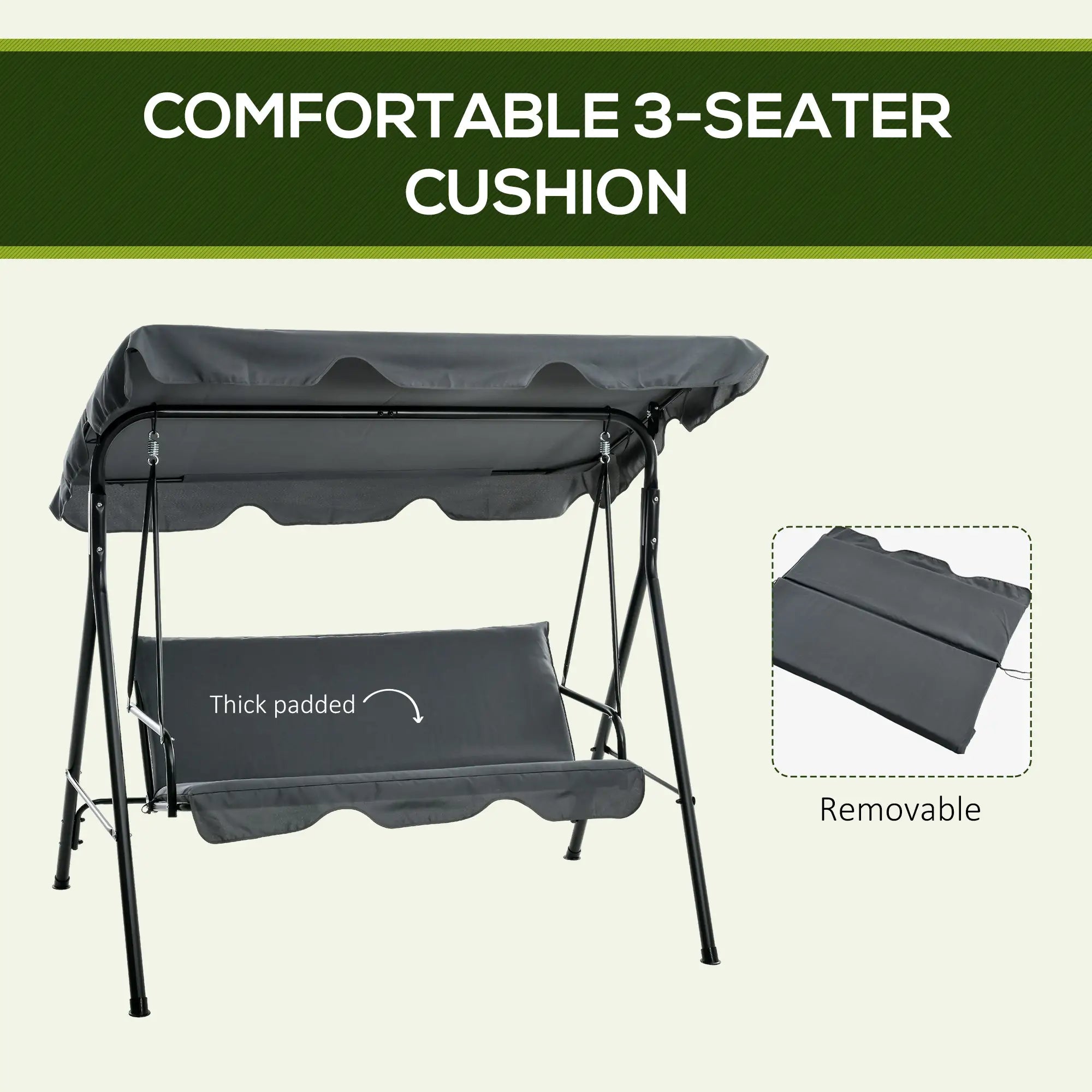 3 Seater Garden Swing Chair, Outdoor Swing Chair with Adjustable Canopy, Mental Frame & Cushions, Grey