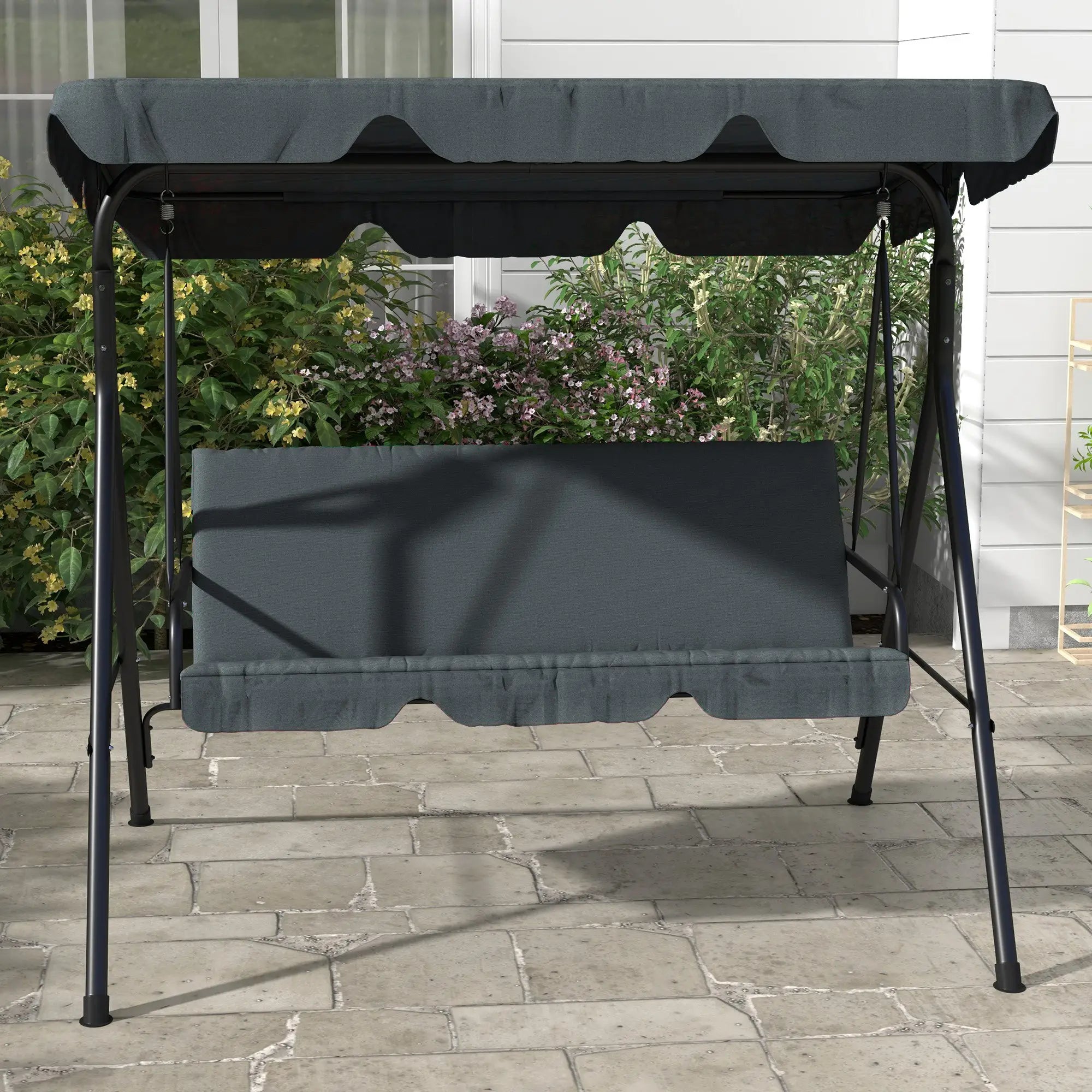 3 Seater Garden Swing Chair, Outdoor Swing Chair with Adjustable Canopy, Mental Frame & Cushions, Grey