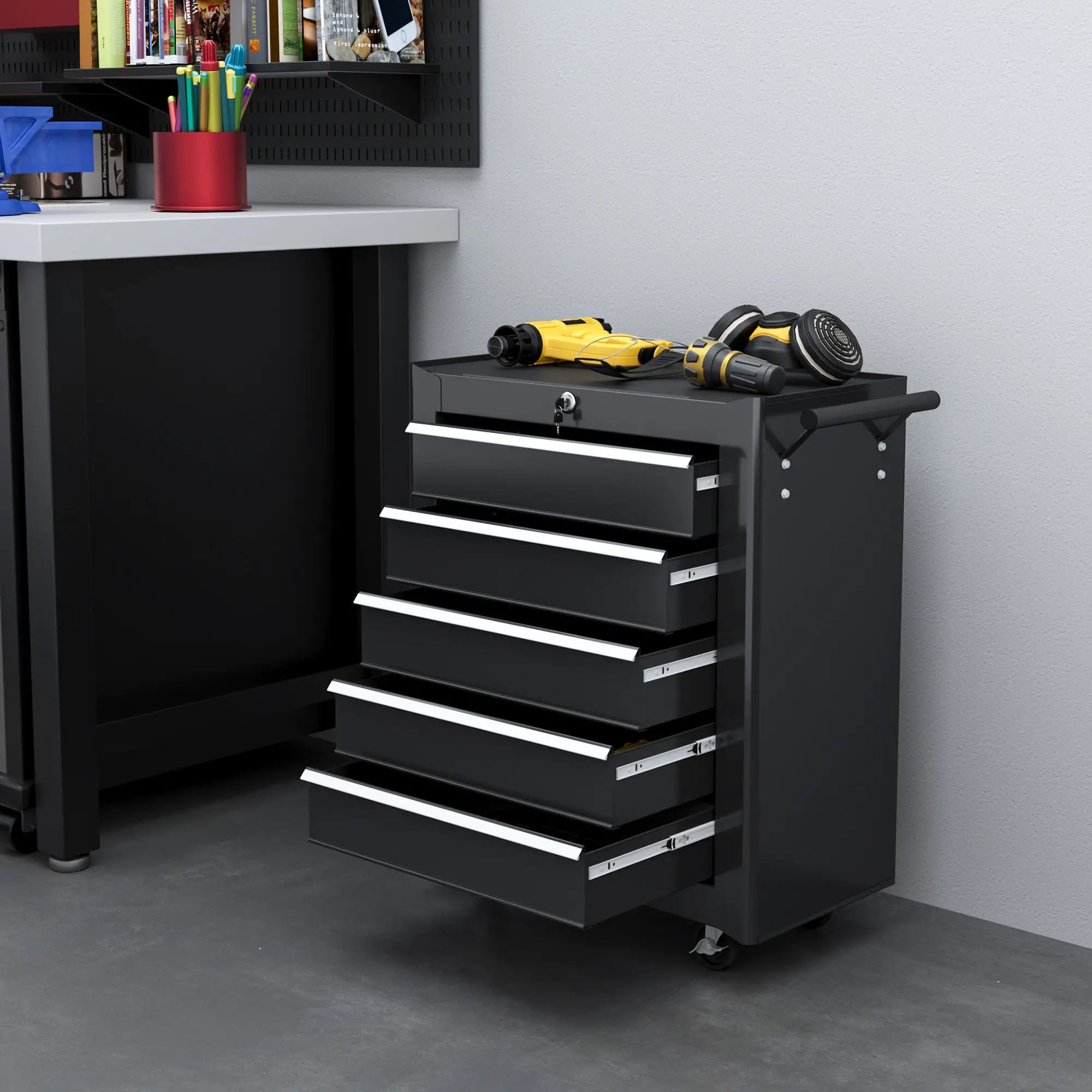 5-Drawer Tool Chest with Wheels, Steel Lockable Tool Storage Cabinet with Handle, 2 Keys for Garage, Workshop, Black
