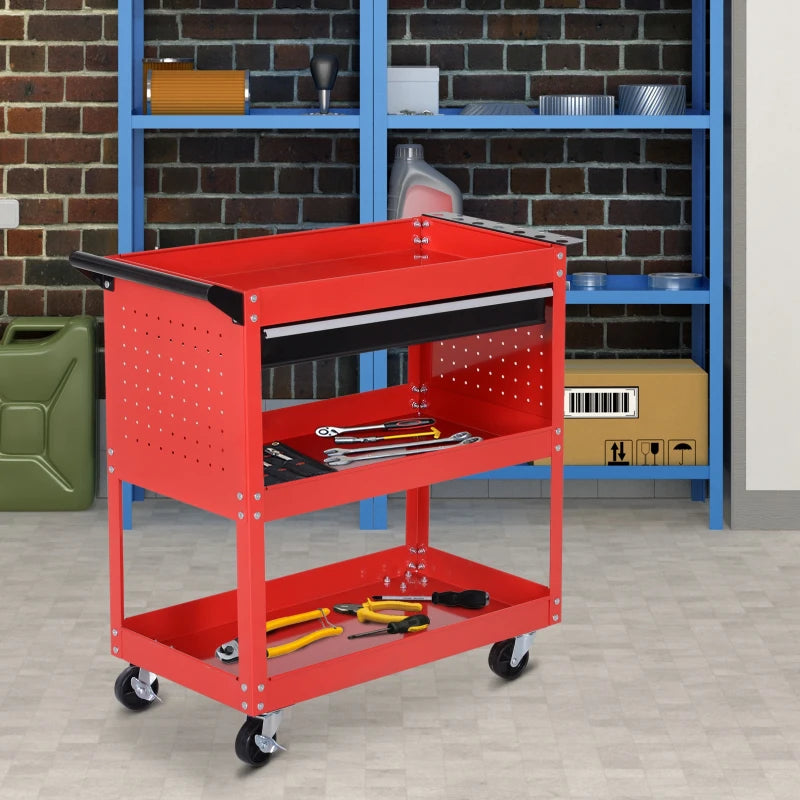 3-Tier Tool Trolley Cart Storage Shelf Roller Cabinet DIY Box Garage Workshop with Drawer Red