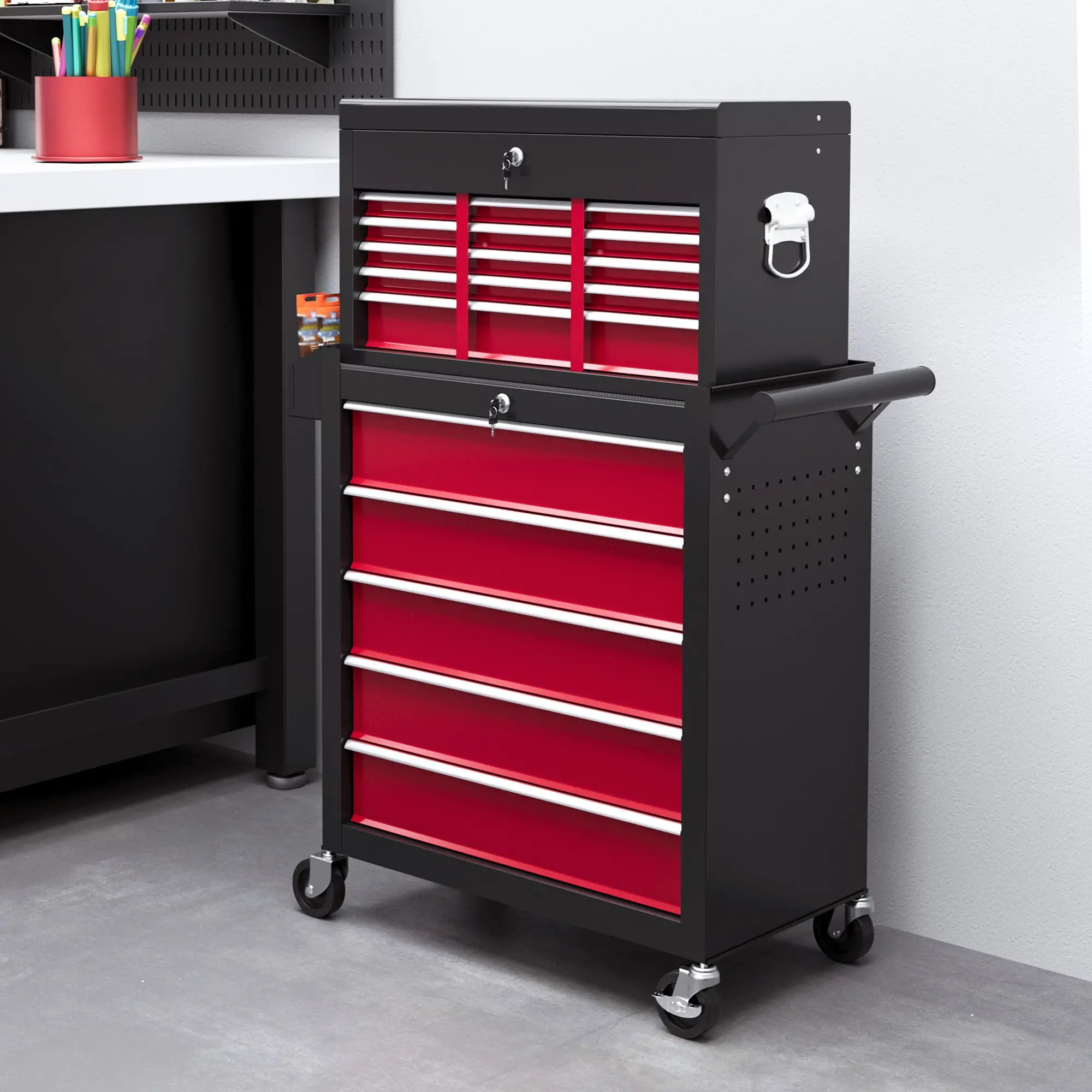14 Drawer, Two-Part Tool Storage Chest on Wheels - Red
