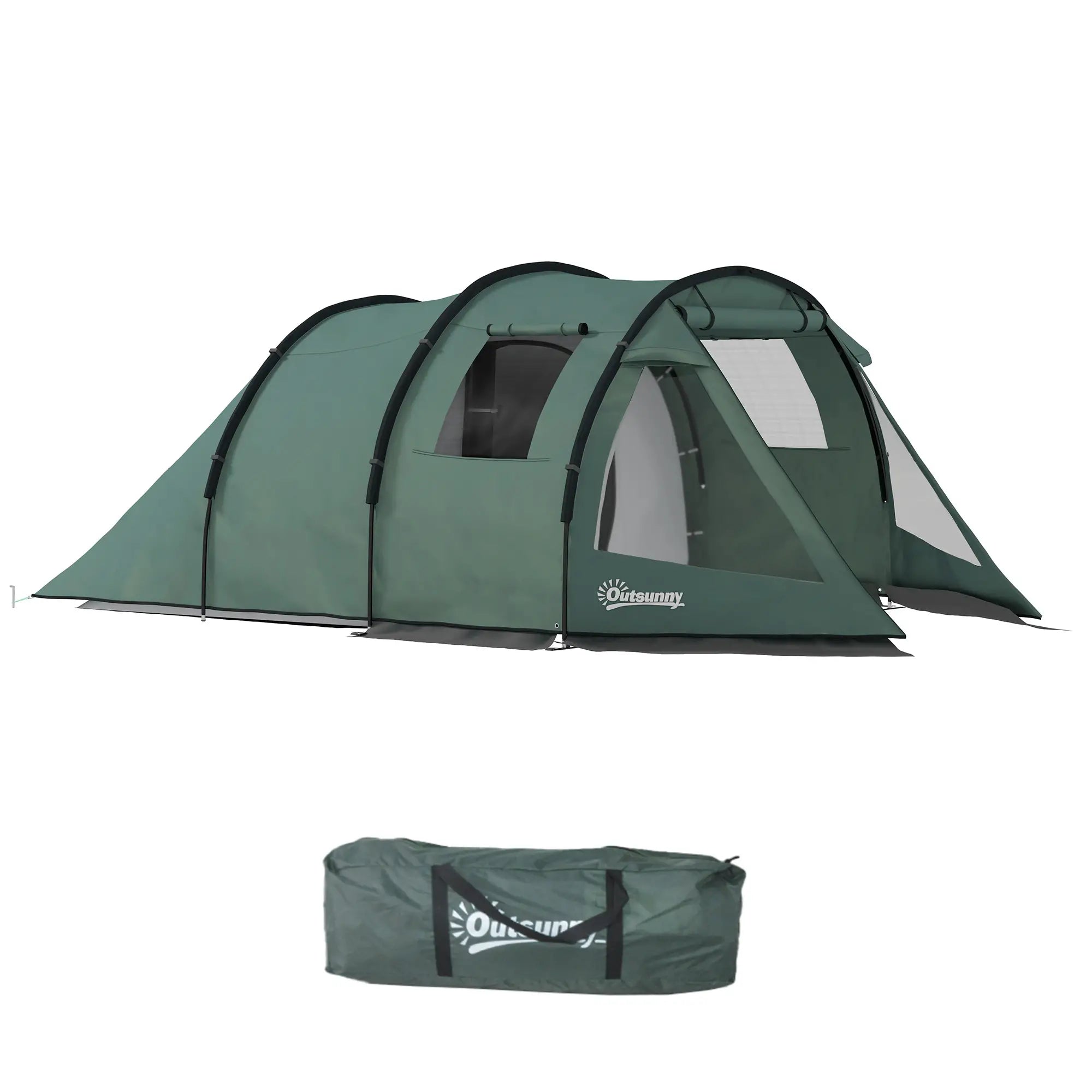 Two Room Tunnel Tent Camping Tent for 3-4 Man with Windows, Covers, Carry Bag, for Fishing, Hiking, Sports, Green