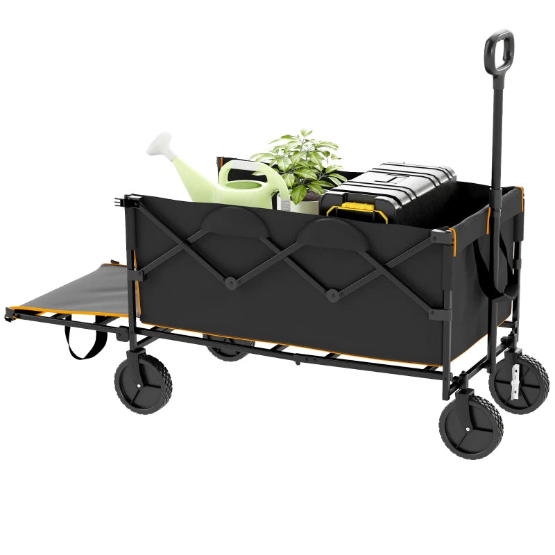 160L Festival Trolley on Wheels, Folding Camping Trolley Cart w/ Tailgate, 100kg Heavy Duty Garden Collapsible Folding Wagon w/Adjustable Handle, Carry Bag for Beach Picnic, Black and Orange