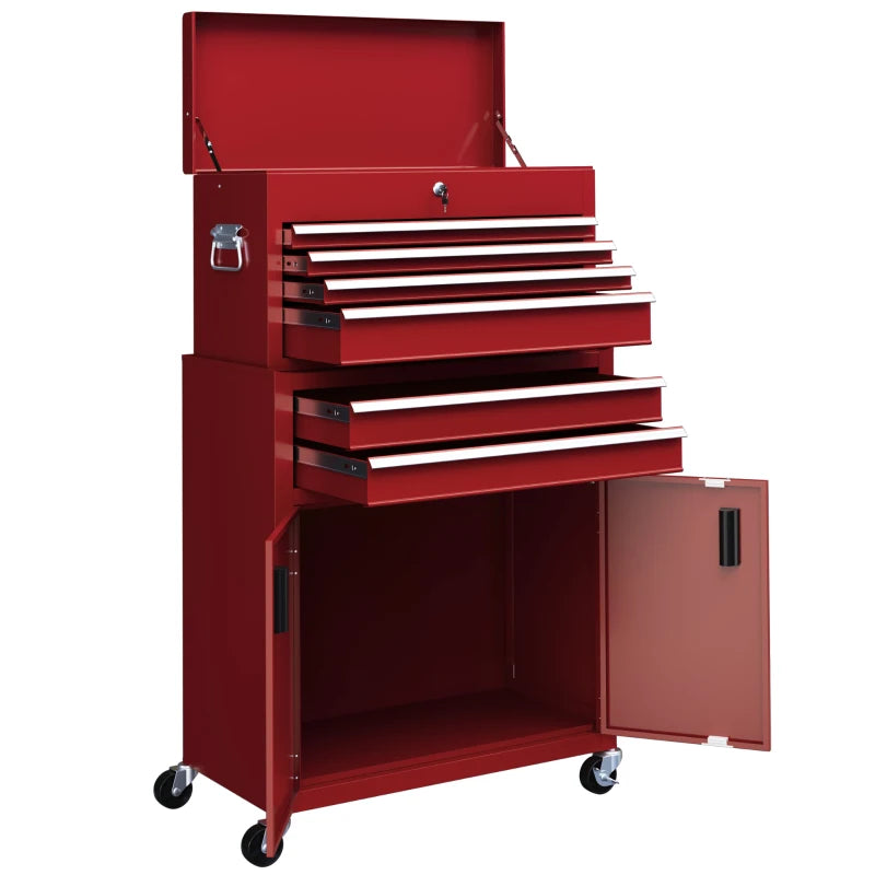 Portable Tool Box, Metal Tool Chest on Wheels with 6 Drawers for Garage and Workshop, Red