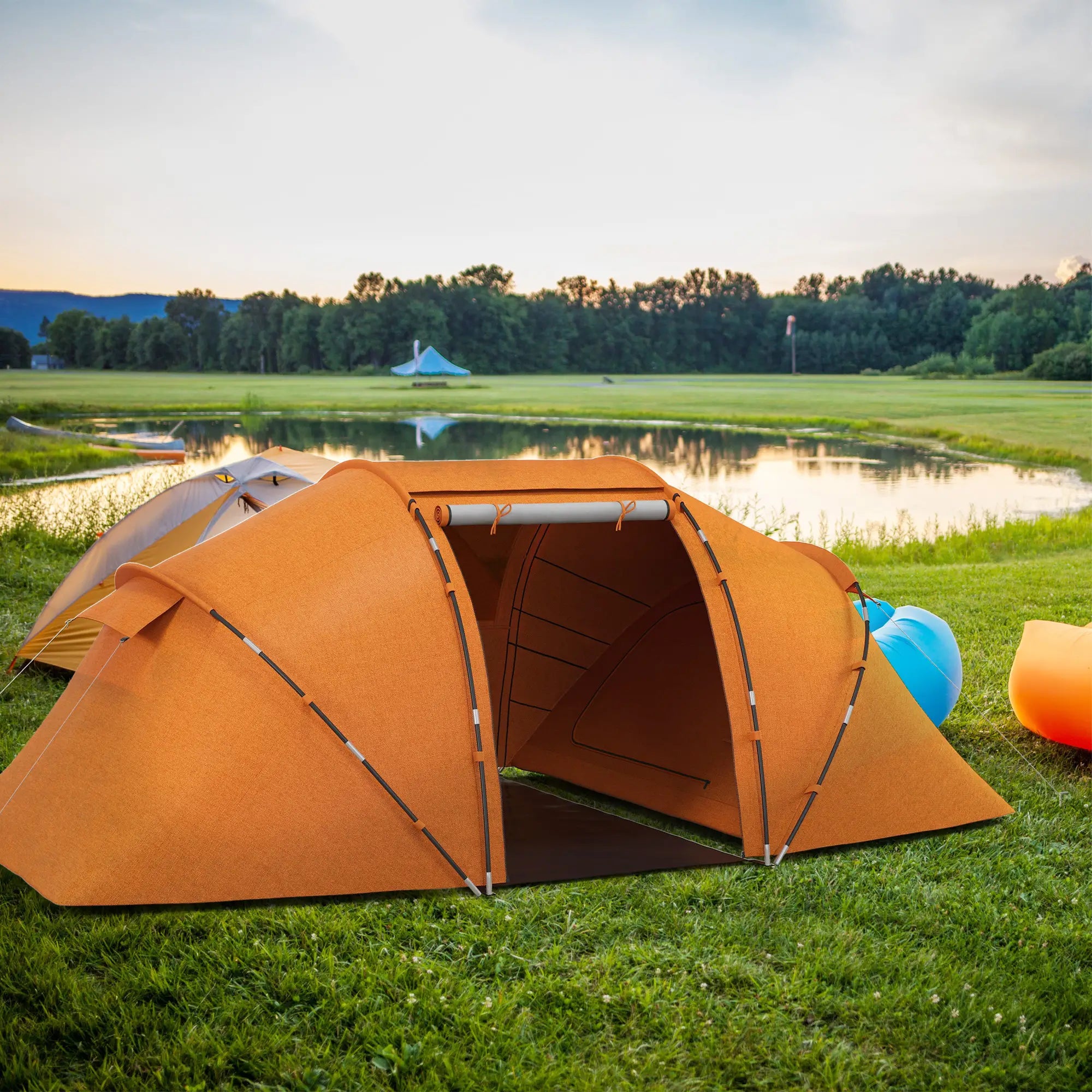 4-6 Man Camping Tent with Living Area and 2 Bedrooms, Hiking Sun Shelter, UV Protection Tunnel Tent, Orange