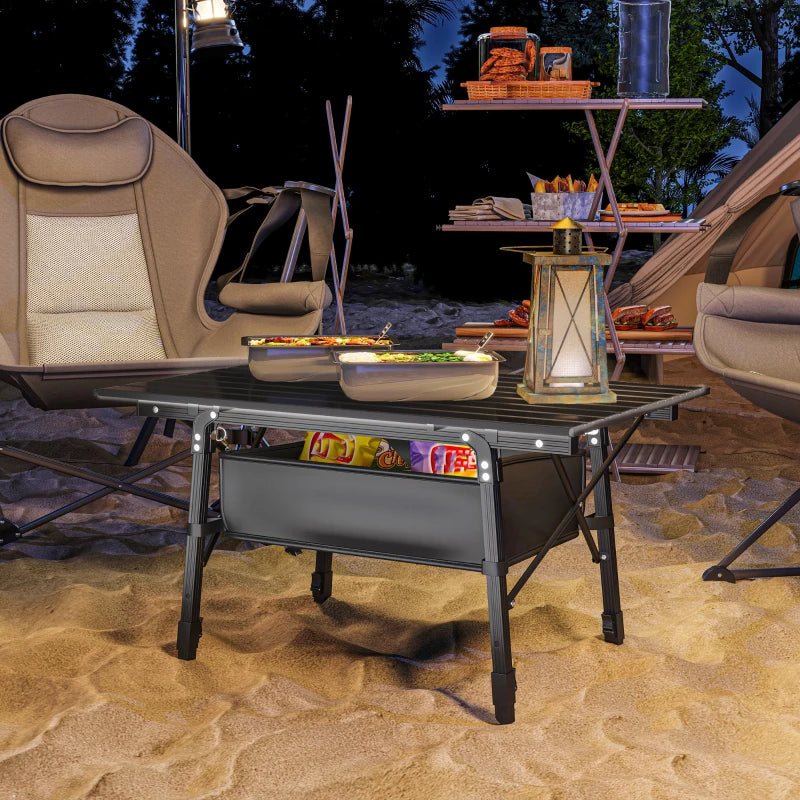 Folding Camping Table, 90 x 55 cm Height Adjustable Portable Collapsible Table, 3ft Lightweight Aluminium Rollup Picnic Table with Storage Basket for Outdoor Garden Party BBQ, Black