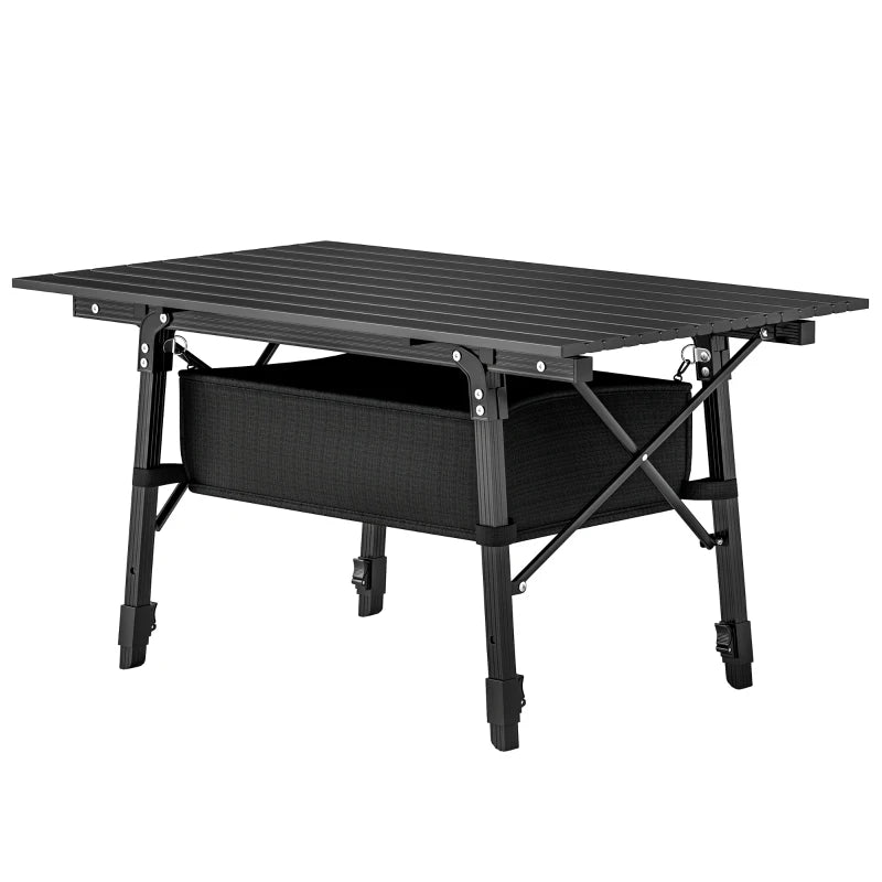 Folding Camping Table, 90 x 55 cm Height Adjustable Portable Collapsible Table, 3ft Lightweight Aluminium Rollup Picnic Table with Storage Basket for Outdoor Garden Party BBQ, Black