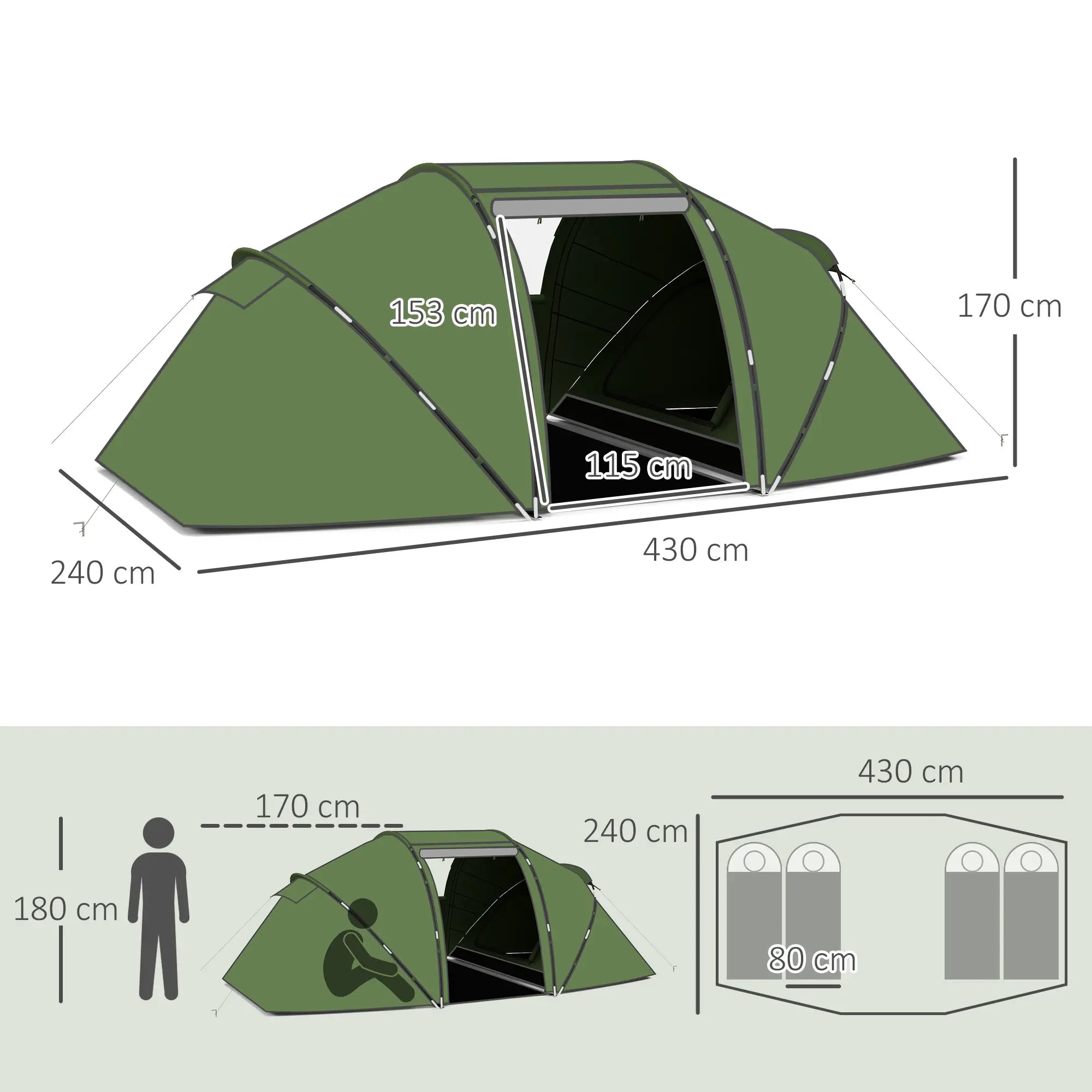 4-6 Man Camping Tent with Living Area and 2 Bedrooms, Hiking Sun Shelter, UV Protection Tunnel Tent, Dark Green