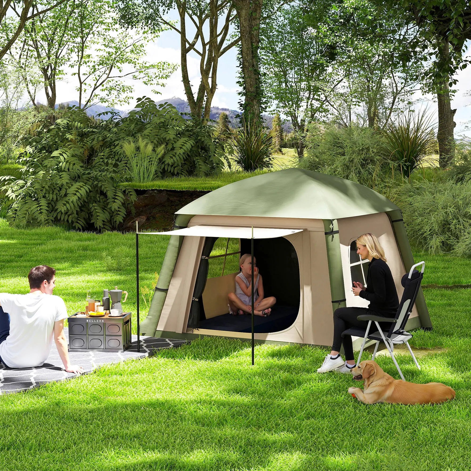 Inflatable Camping Tent w/ Hand Pump, Easy Setup, Blow Up Tent Waterproof 190T Taffeta w/ Mesh Windows, Doors and Carry Bag, Brown