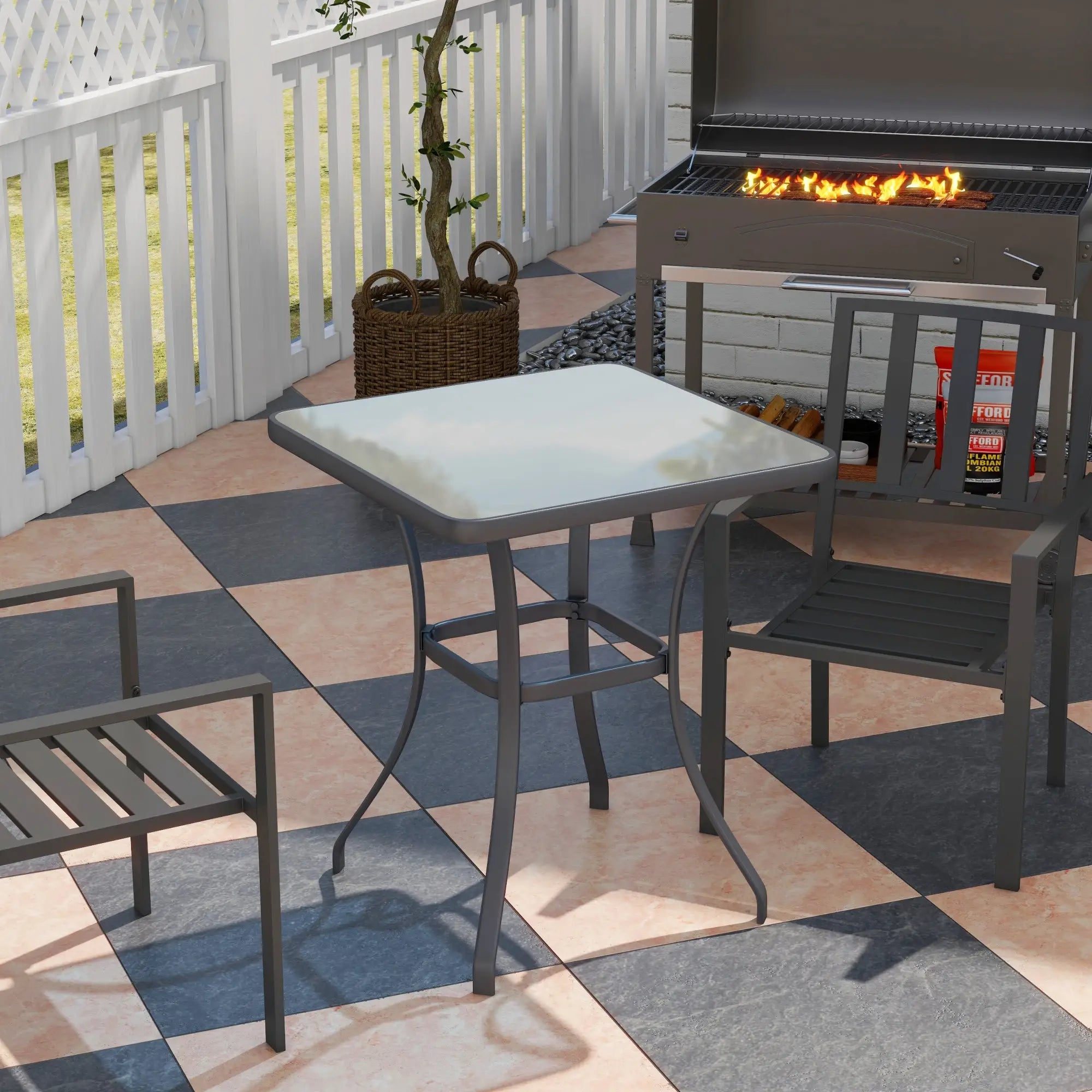 Square Garden Table, Outdoor Coffee Table with Tempered Glass Top, Bar Bistro Dining Table, Metal Frame for Patio, Balcony, 68.5 x 68.5 x 84cm