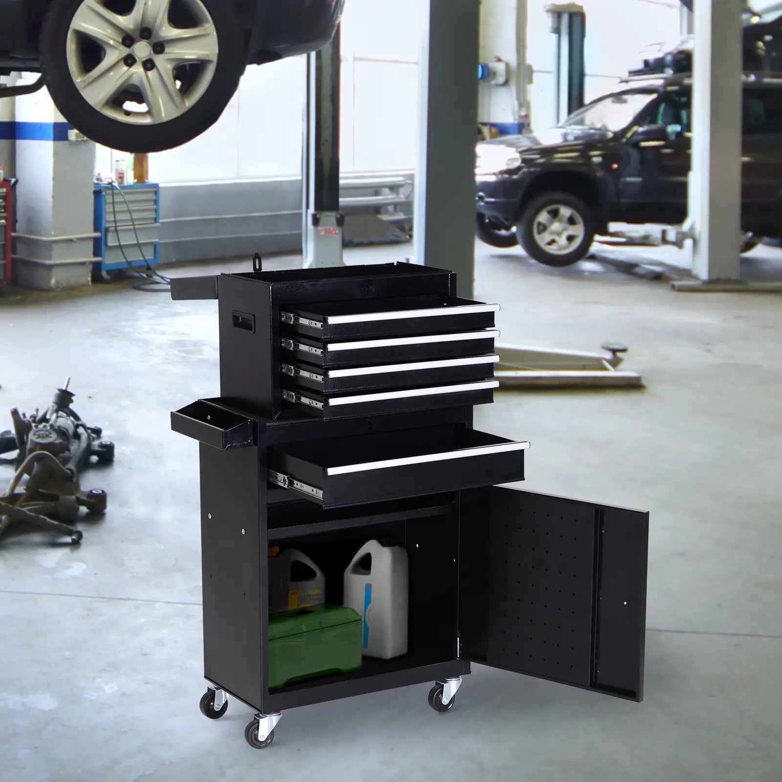 Tool Chest 2 in 1 Metal Tool Cabinet Storage Box with 5 Drawers Pegboard Wheels 60x28x104.5cm Black Bargain Clearance Centre