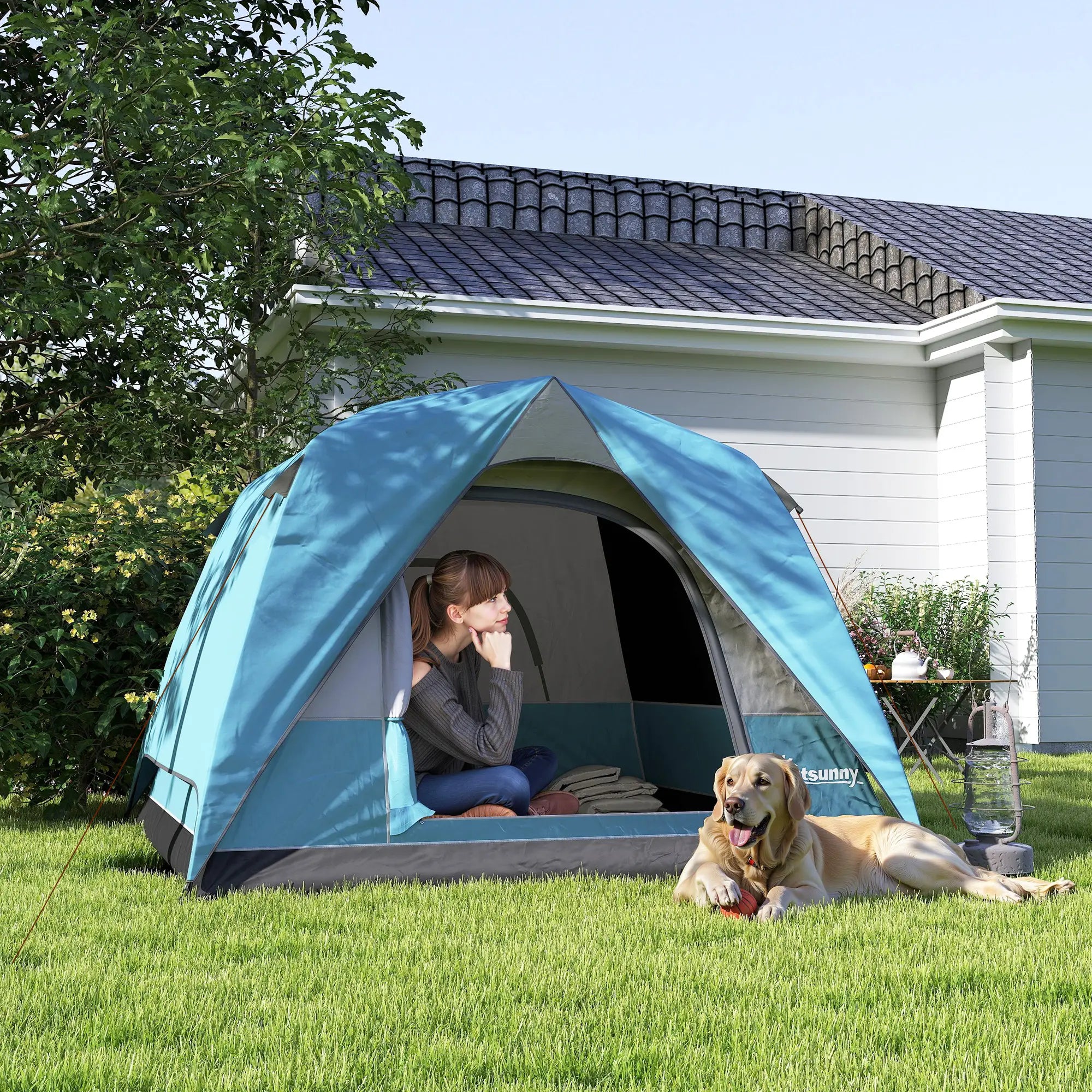3-4 Person Camping Tent, Easy Set Up Waterproof Dome Tent with Sewn-in Groundsheet, Mesh Windows, Pocket and Hook for Camping, Hiking, Backpacking, Navy Blue and Light Blue