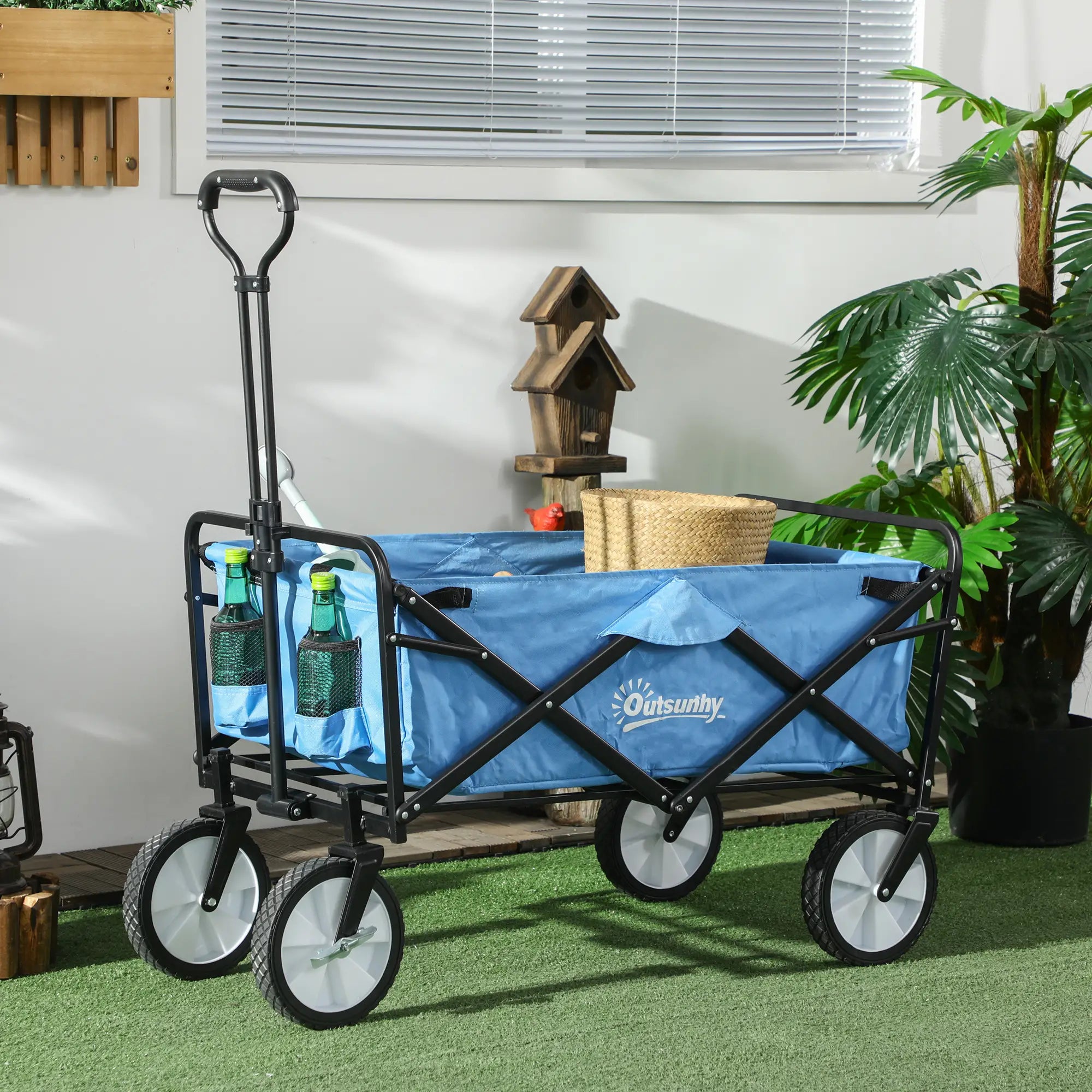 90L Festival Trolley on Wheels, Folding Camping Trolley Cart with Adjustable Handle, Portable for Outdoor, Garden, Shopping, Fishing, Blue