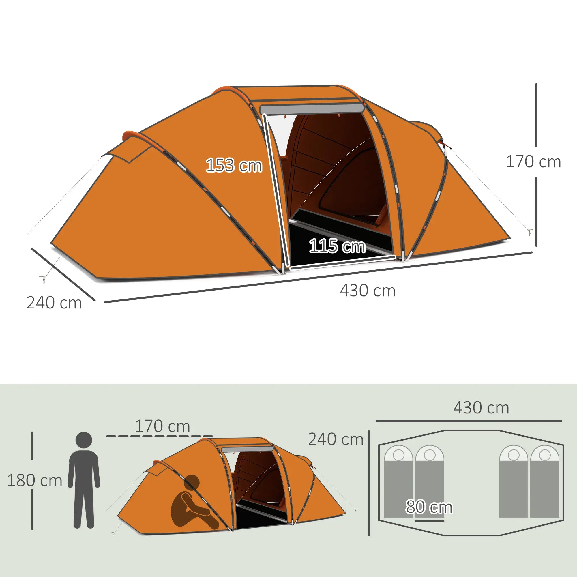 4-6 Man Camping Tent with Living Area and 2 Bedrooms, Hiking Sun Shelter, UV Protection Tunnel Tent, Orange