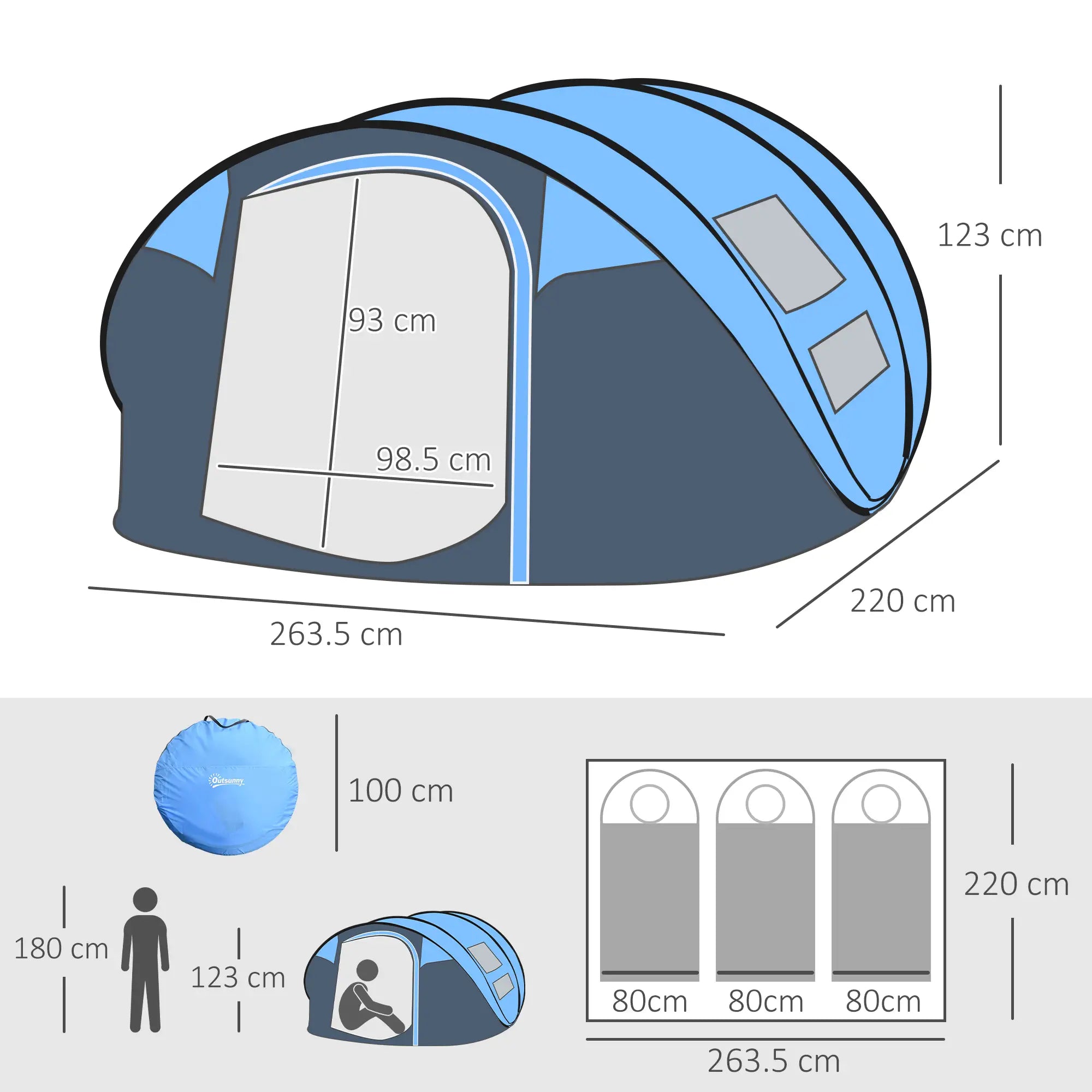 4 Person Pop-up Camping Tent Family Tent with Ground Sheet, 4 Windows and Portable Carry Bag for Beach Outdoor Trip, Sky Blue