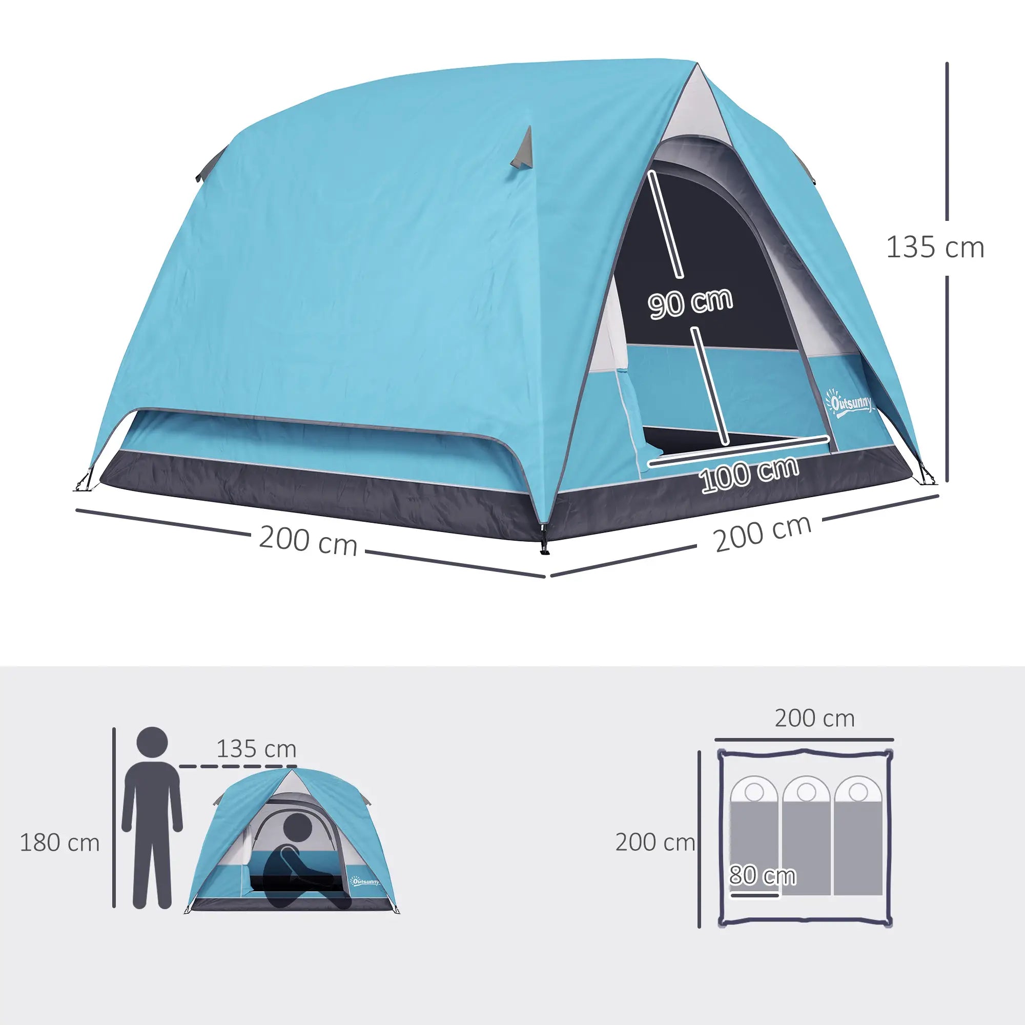 3-4 Person Camping Tent, Easy Set Up Waterproof Dome Tent with Sewn-in Groundsheet, Mesh Windows, Pocket and Hook for Camping, Hiking, Backpacking, Navy Blue and Light Blue