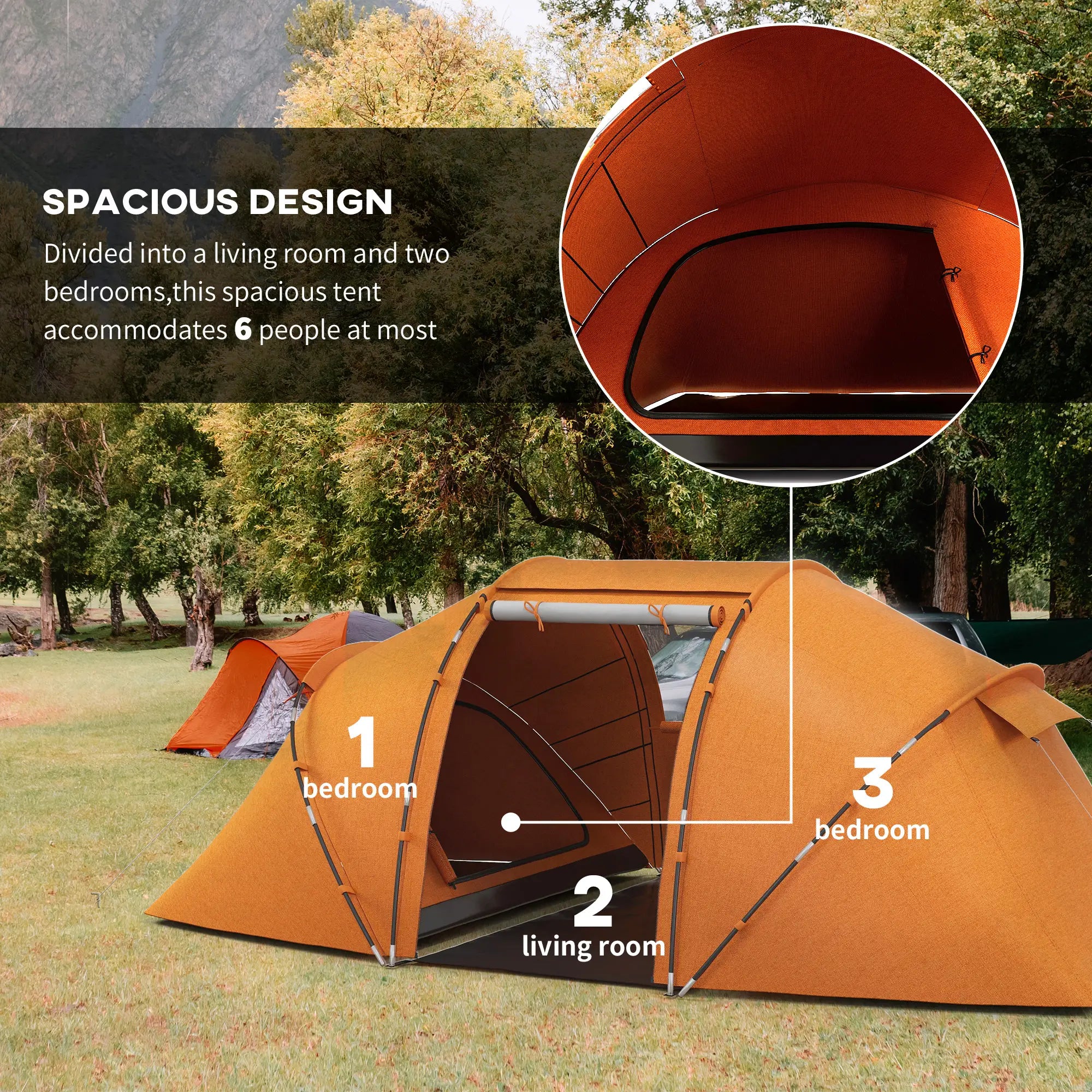 4-6 Man Camping Tent with Living Area and 2 Bedrooms, Hiking Sun Shelter, UV Protection Tunnel Tent, Orange