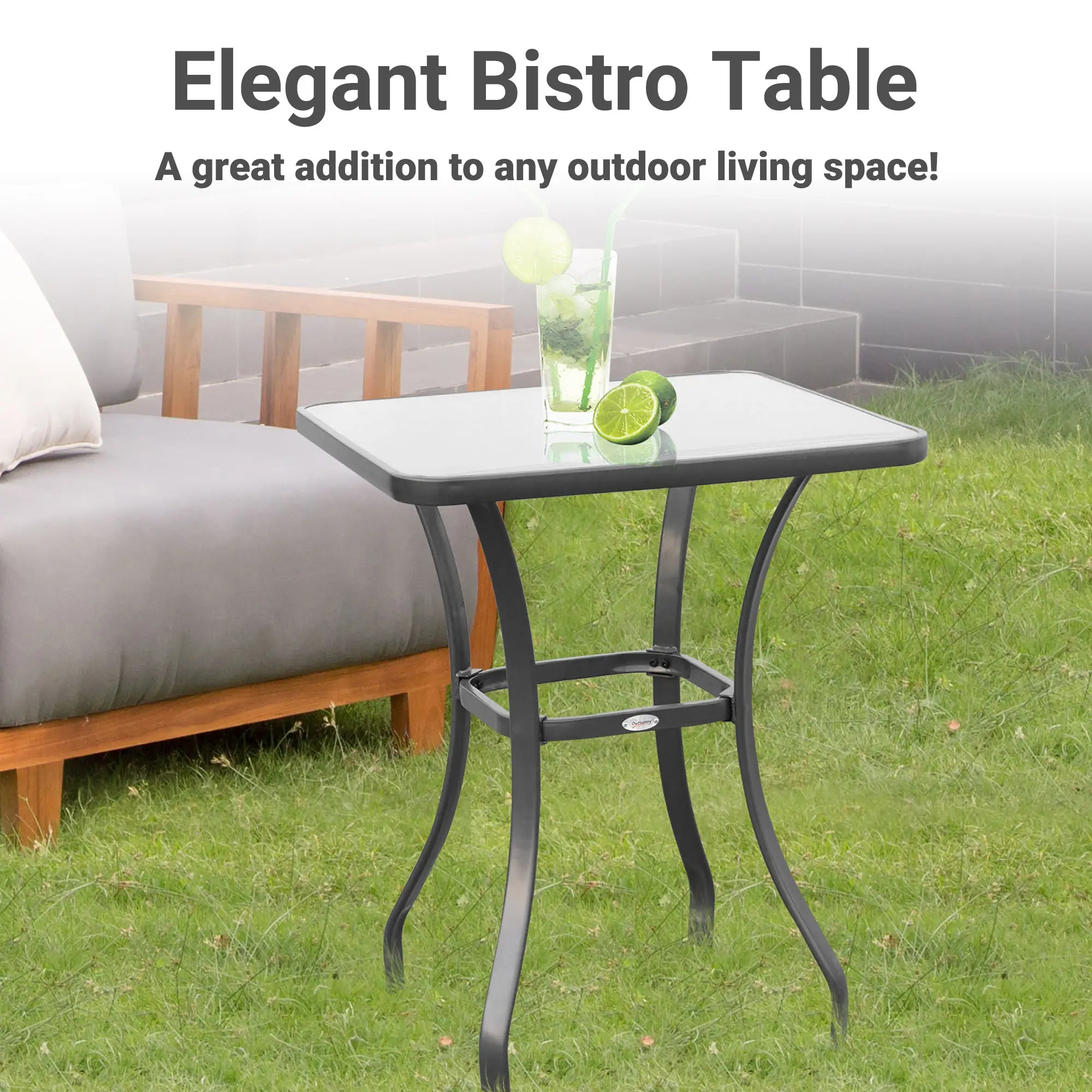 Square Garden Table, Outdoor Coffee Table with Tempered Glass Top, Bar Bistro Dining Table, Metal Frame for Patio, Balcony, 68.5 x 68.5 x 84cm