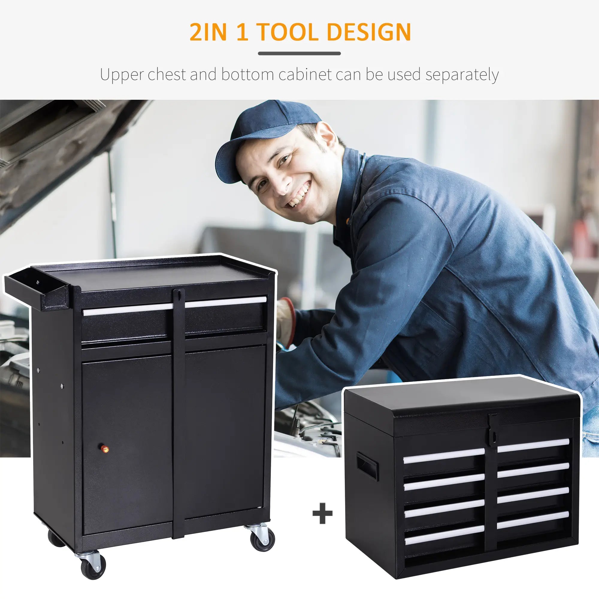 Tool Chest 2 in 1 Metal Tool Cabinet Storage Box with 5 Drawers Pegboard Wheels 60x28x104.5cm Black Bargain Clearance Centre