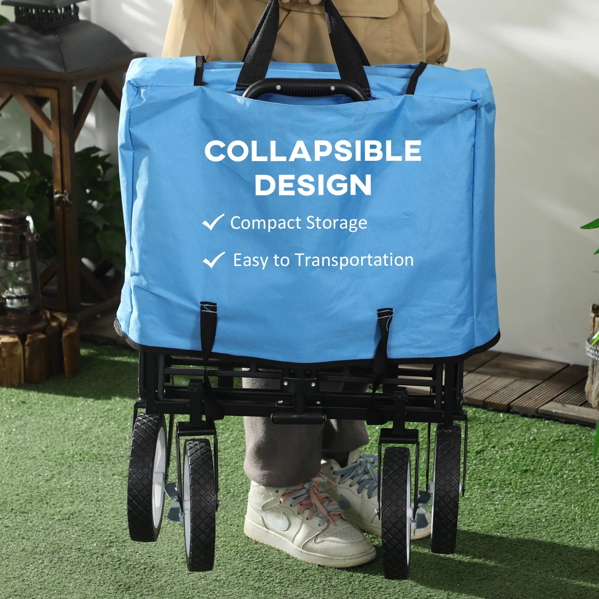 90L Festival Trolley on Wheels, Folding Camping Trolley Cart with Adjustable Handle, Portable for Outdoor, Garden, Shopping, Fishing, Blue
