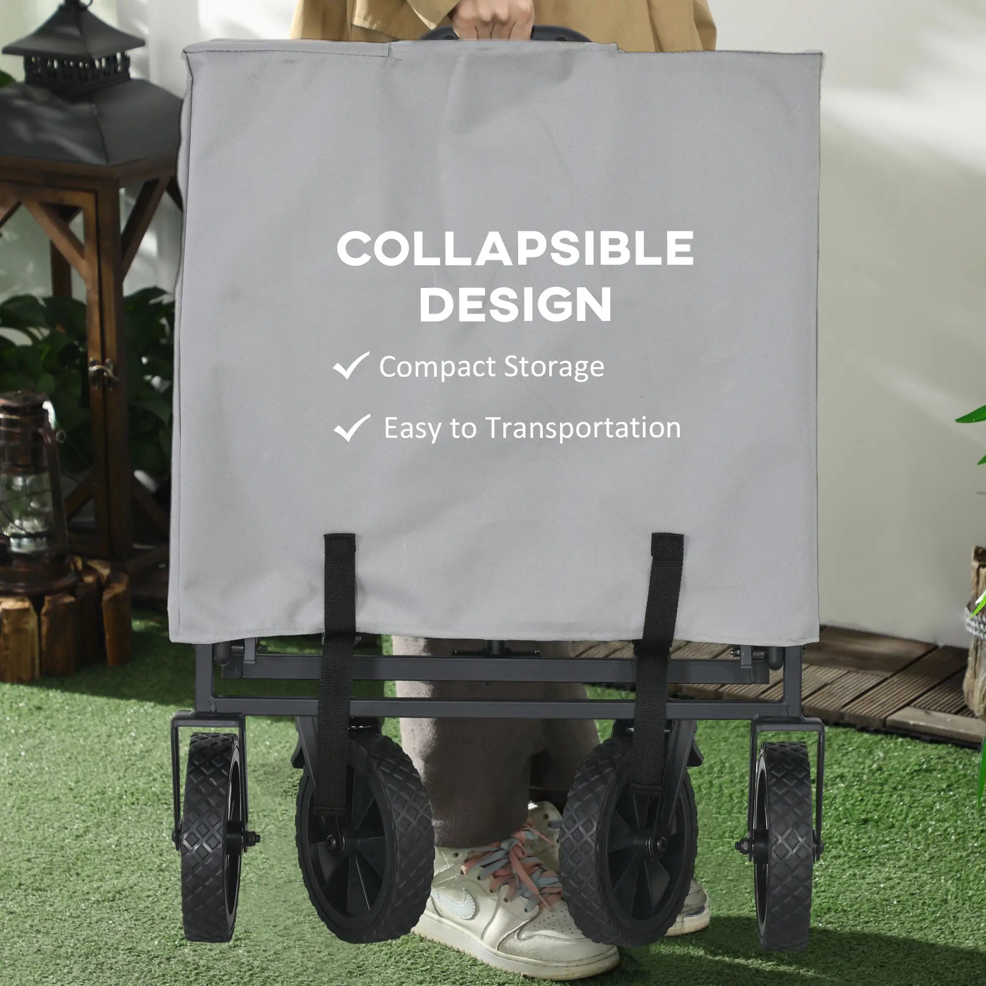 Folding Pull Along Cart Cargo Wagon Trolley with Telescopic Handle - Dark Grey
