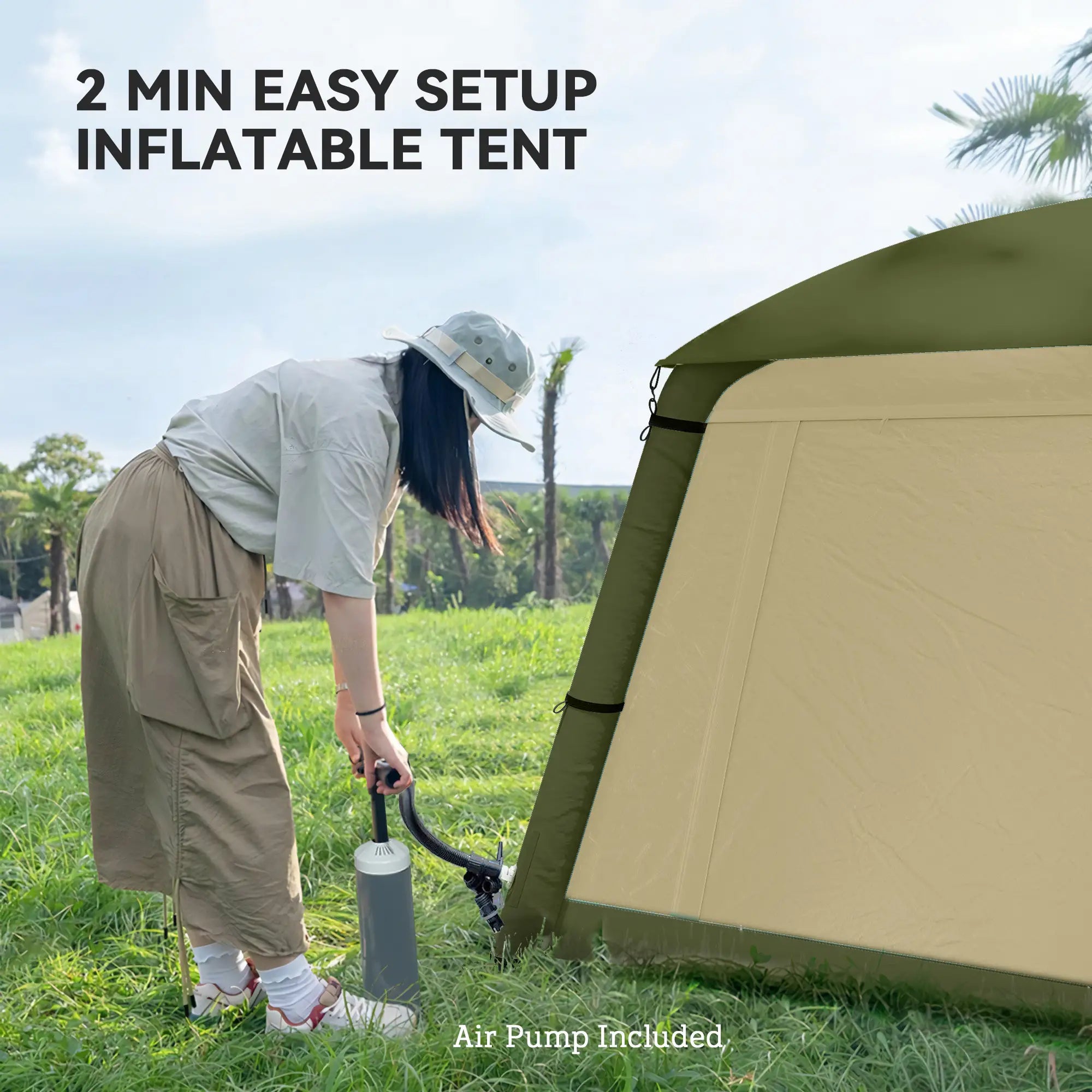 Inflatable Camping Tent w/ Hand Pump, Easy Setup, Blow Up Tent Waterproof 190T Taffeta w/ Mesh Windows, Doors and Carry Bag, Brown