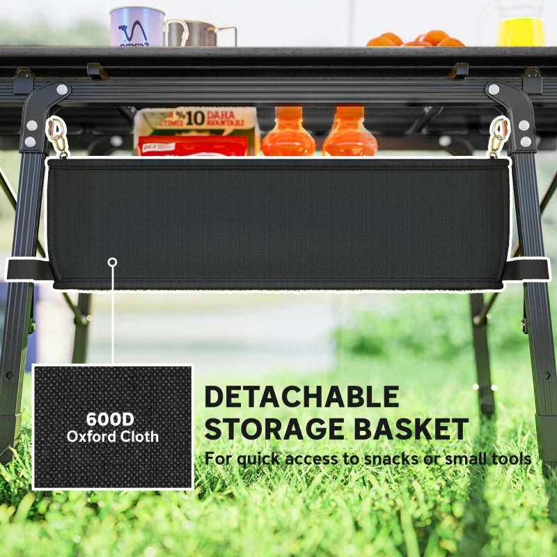 Folding Camping Table, 90 x 55 cm Height Adjustable Portable Collapsible Table, 3ft Lightweight Aluminium Rollup Picnic Table with Storage Basket for Outdoor Garden Party BBQ, Black
