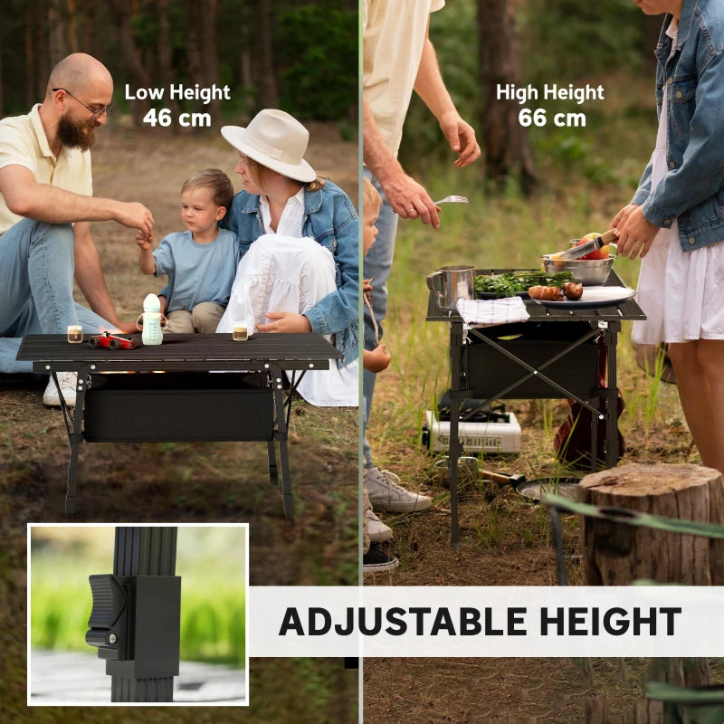 Folding Camping Table, 90 x 55 cm Height Adjustable Portable Collapsible Table, 3ft Lightweight Aluminium Rollup Picnic Table with Storage Basket for Outdoor Garden Party BBQ, Black
