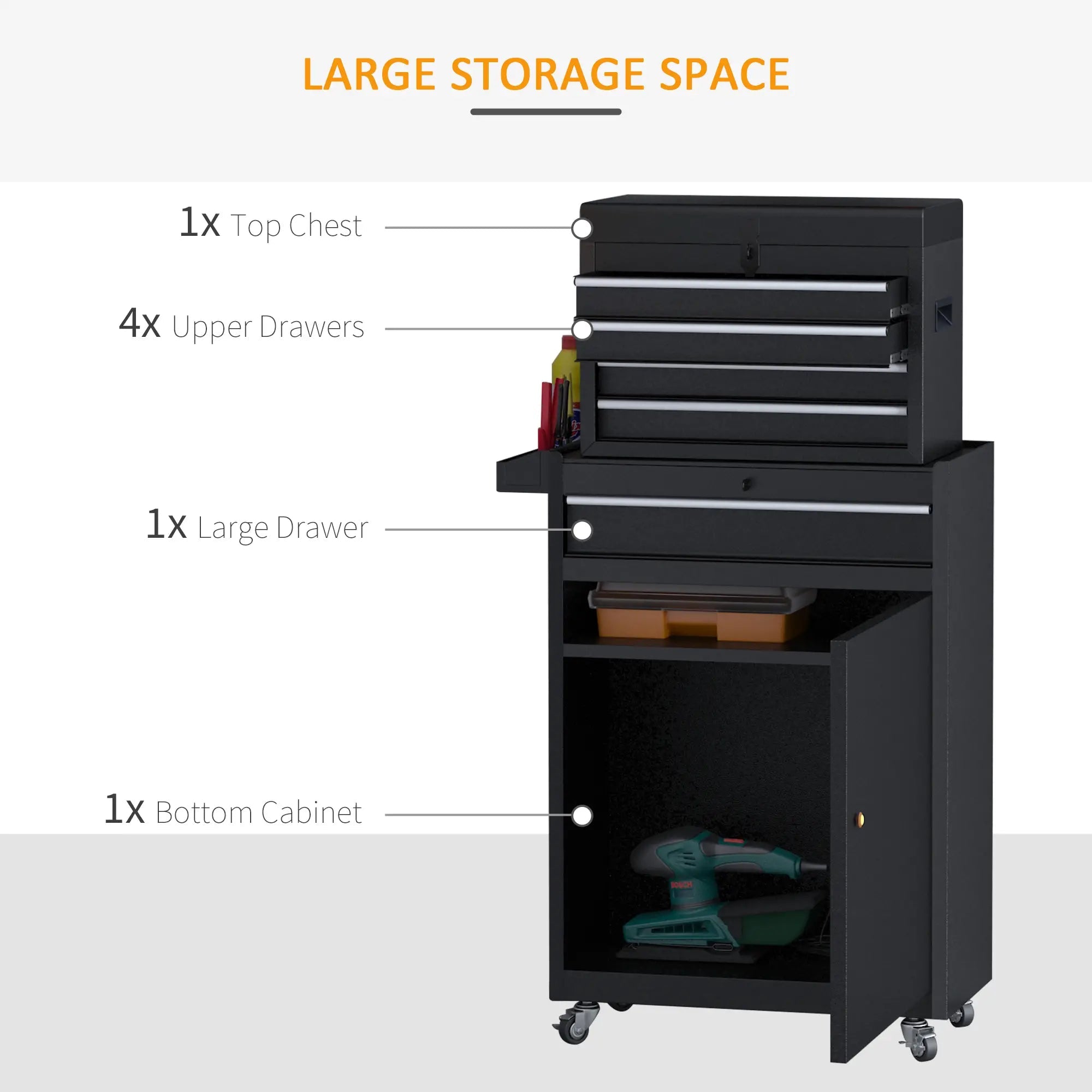Tool Chest 2 in 1 Metal Tool Cabinet Storage Box with 5 Drawers Pegboard Wheels 60x28x104.5cm Black Bargain Clearance Centre