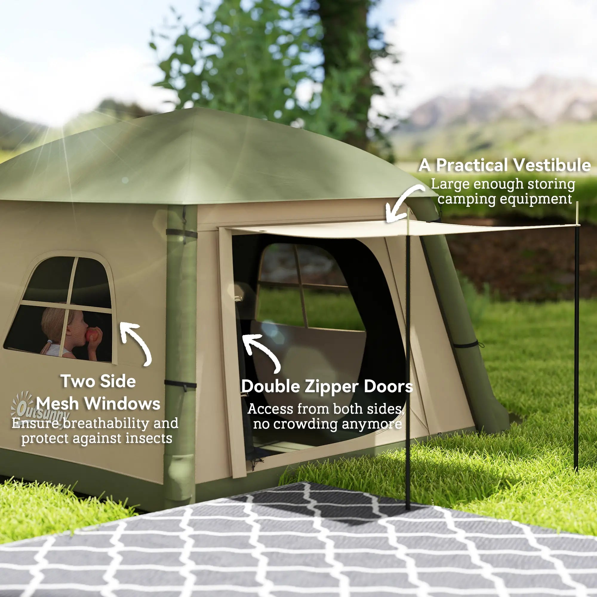 Inflatable Camping Tent w/ Hand Pump, Easy Setup, Blow Up Tent Waterproof 190T Taffeta w/ Mesh Windows, Doors and Carry Bag, Brown