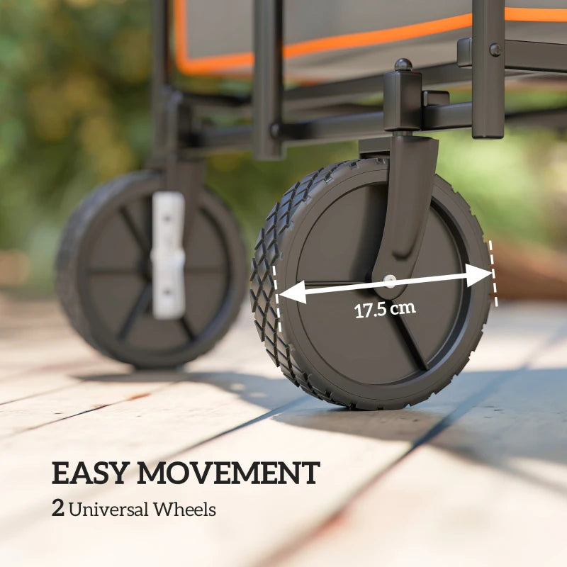 160L Festival Trolley on Wheels, Folding Camping Trolley Cart w/ Tailgate, 100kg Heavy Duty Garden Collapsible Folding Wagon w/Adjustable Handle, Carry Bag for Beach Picnic, Grey and Orange