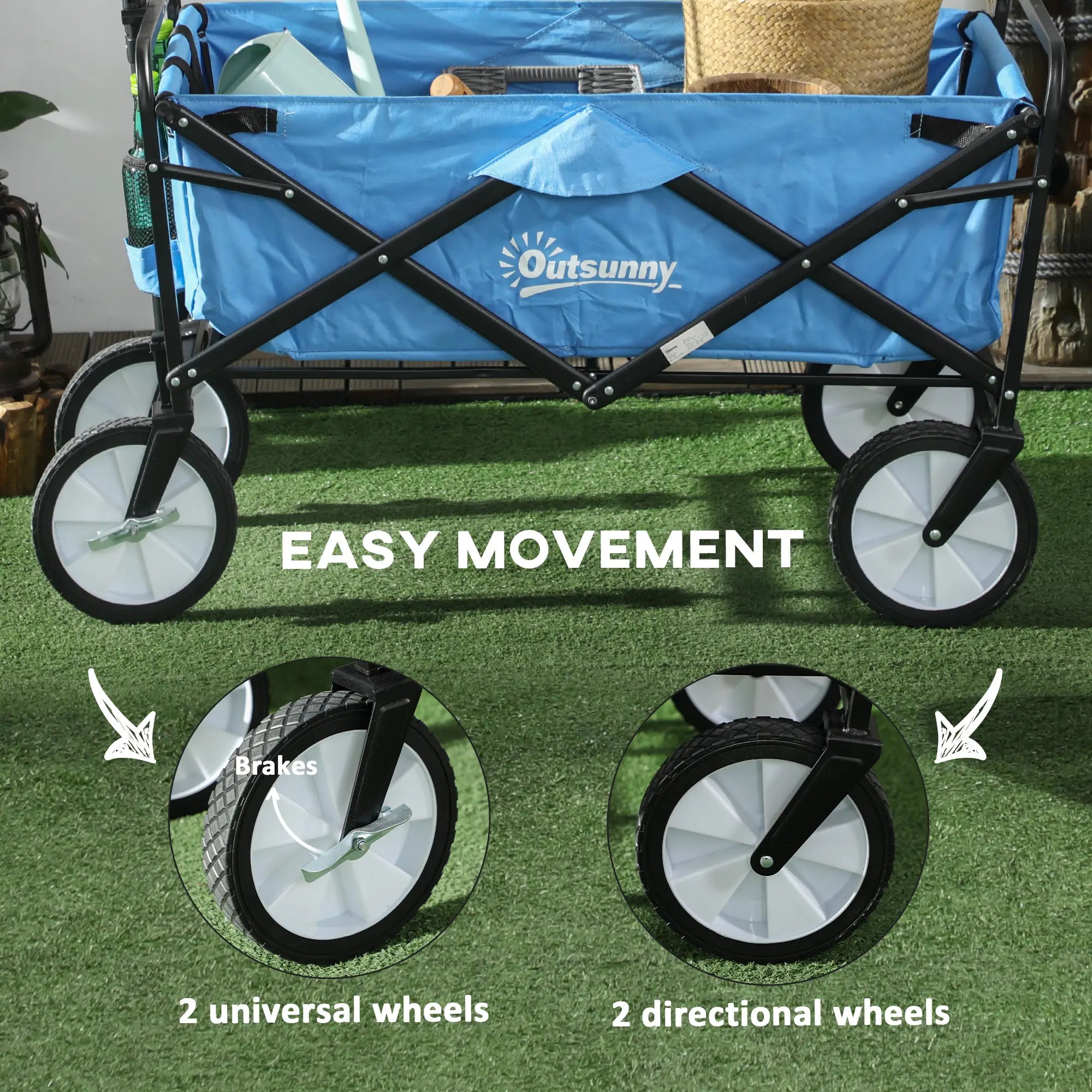 90L Festival Trolley on Wheels, Folding Camping Trolley Cart with Adjustable Handle, Portable for Outdoor, Garden, Shopping, Fishing, Blue