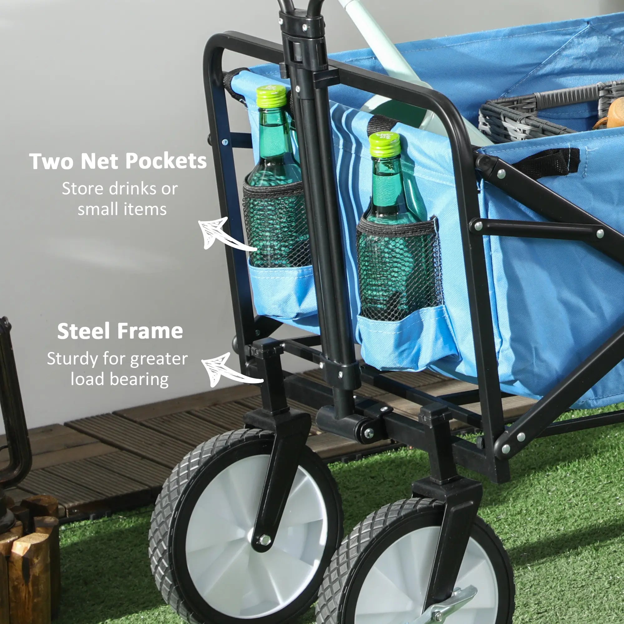 90L Festival Trolley on Wheels, Folding Camping Trolley Cart with Adjustable Handle, Portable for Outdoor, Garden, Shopping, Fishing, Blue