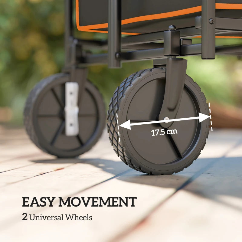 160L Festival Trolley on Wheels, Folding Camping Trolley Cart w/ Tailgate, 100kg Heavy Duty Garden Collapsible Folding Wagon w/Adjustable Handle, Carry Bag for Beach Picnic, Black and Orange
