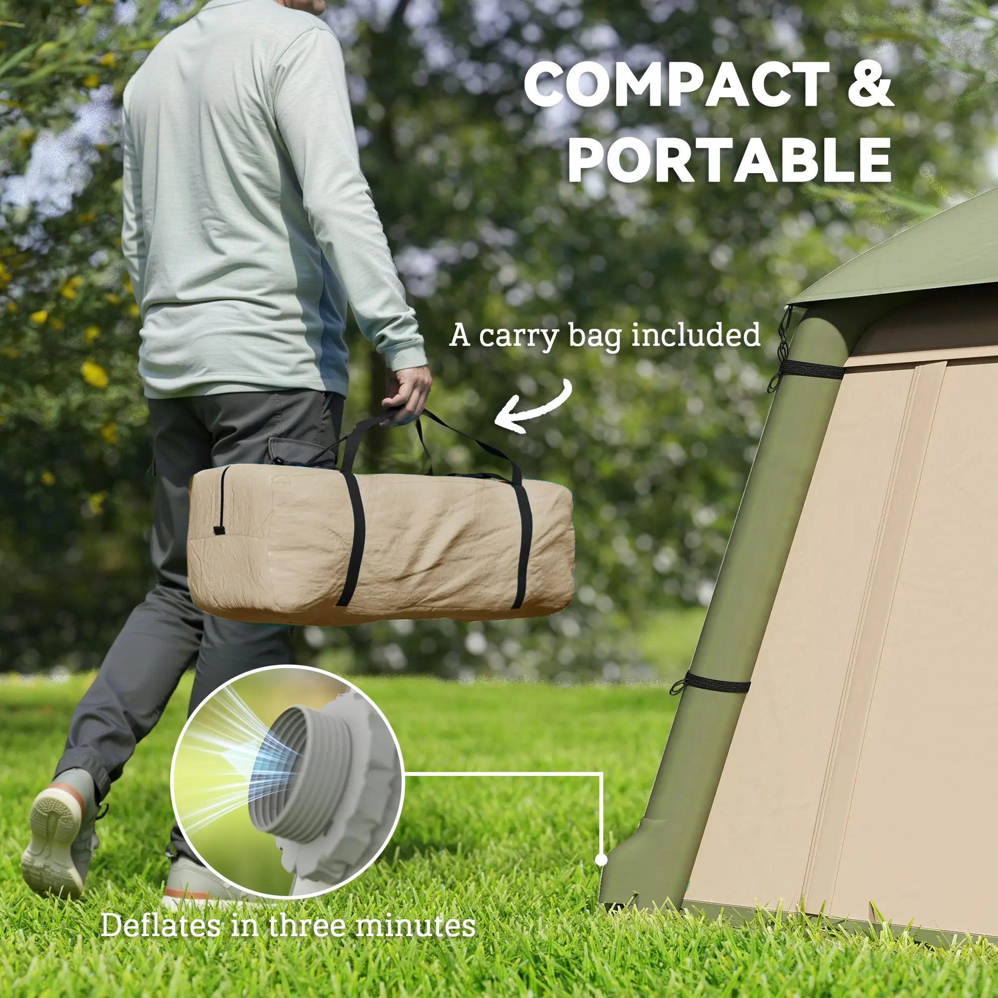 Inflatable Camping Tent w/ Hand Pump, Easy Setup, Blow Up Tent Waterproof 190T Taffeta w/ Mesh Windows, Doors and Carry Bag, Brown