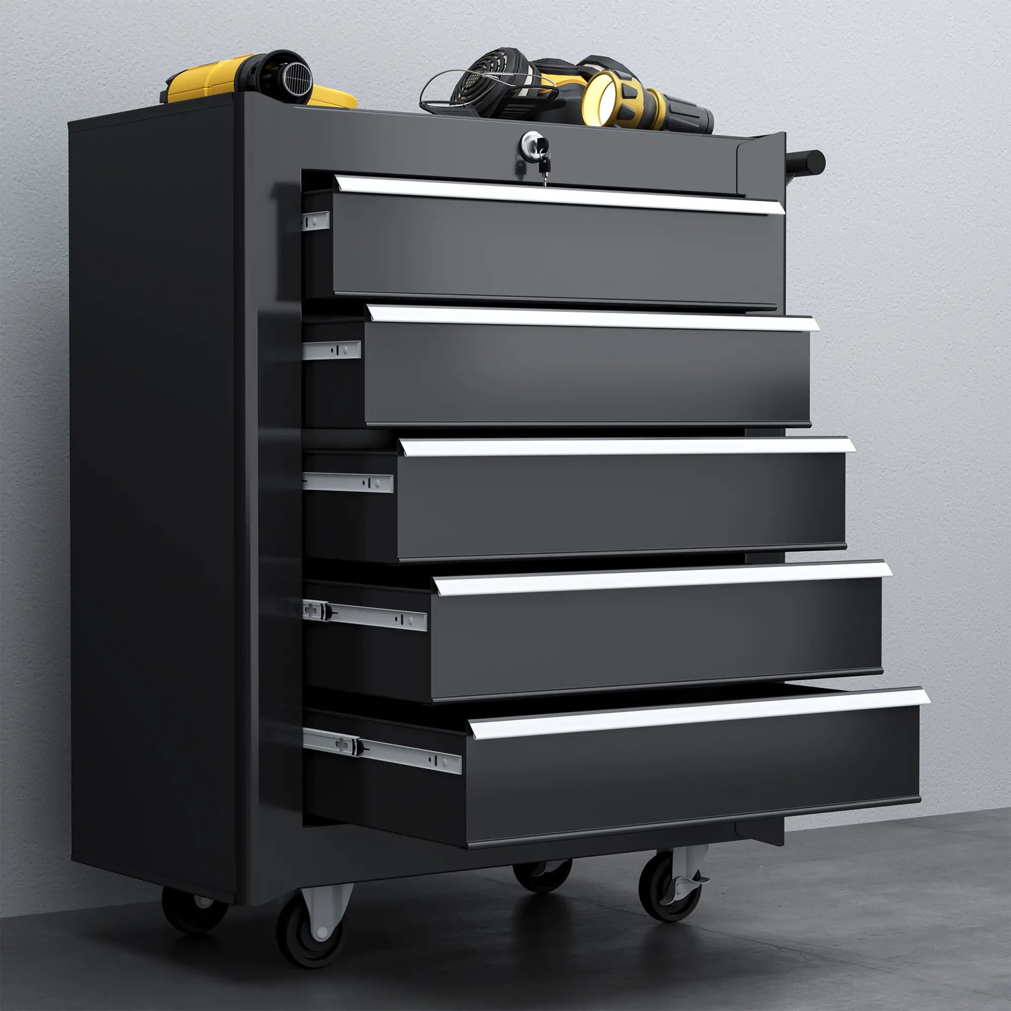 5-Drawer Tool Chest with Wheels, Steel Lockable Tool Storage Cabinet with Handle, 2 Keys for Garage, Workshop, Black