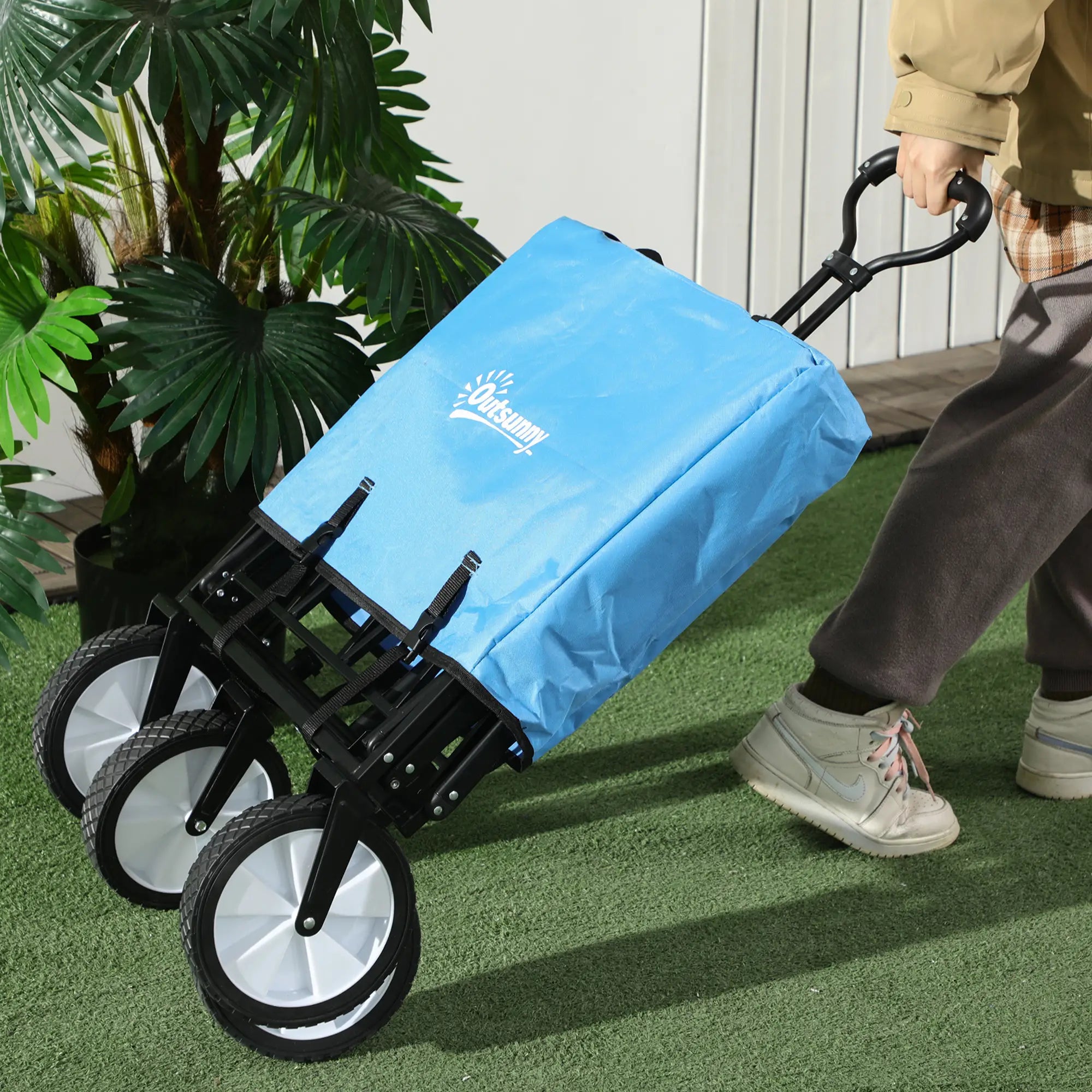 90L Festival Trolley on Wheels, Folding Camping Trolley Cart with Adjustable Handle, Portable for Outdoor, Garden, Shopping, Fishing, Blue