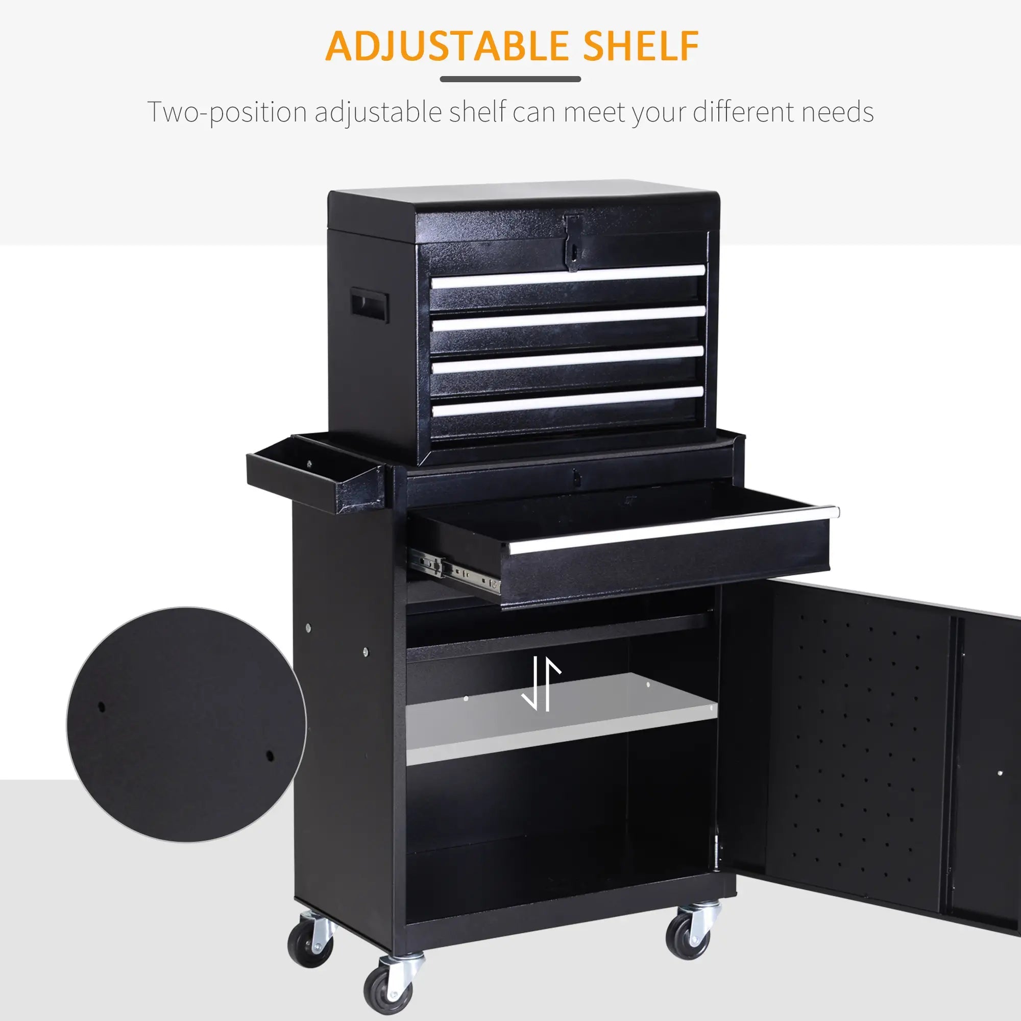 Tool Chest 2 in 1 Metal Tool Cabinet Storage Box with 5 Drawers Pegboard Wheels 60x28x104.5cm Black Bargain Clearance Centre