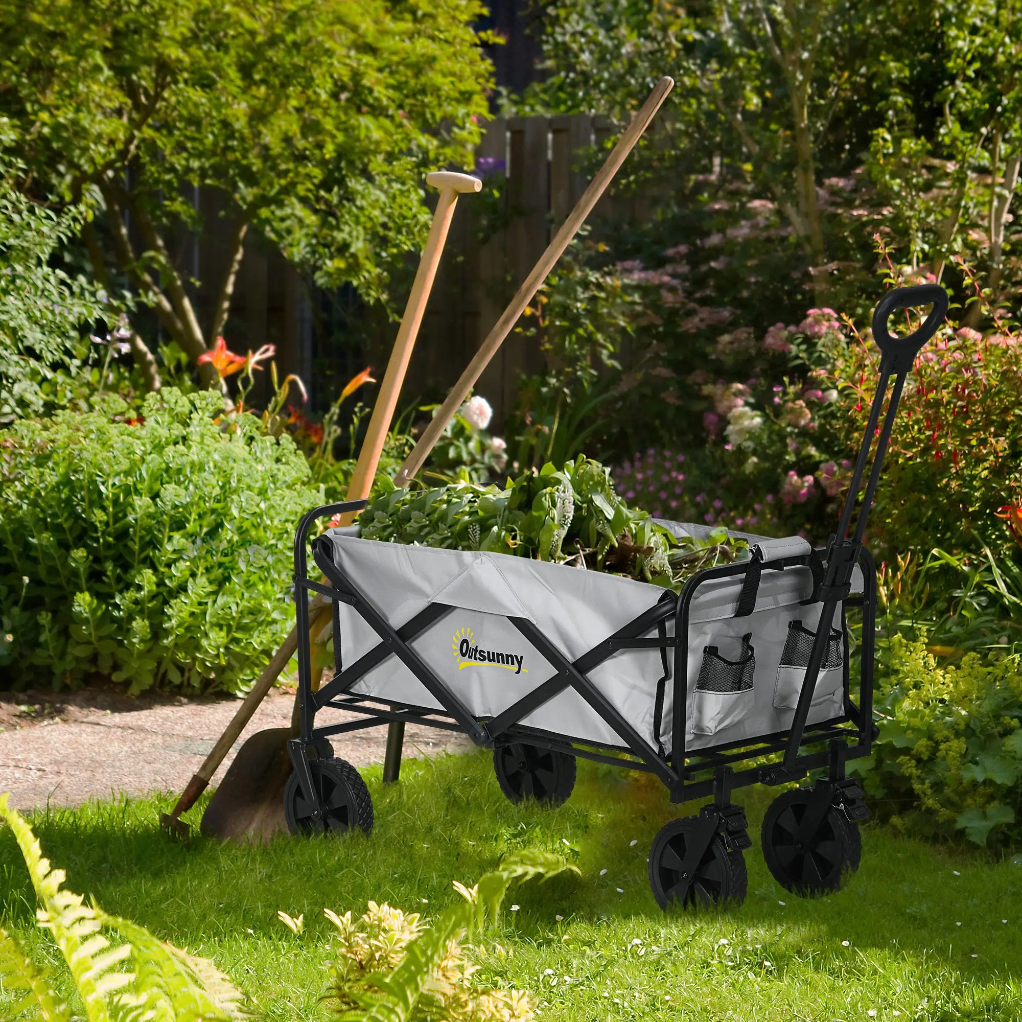 Folding Pull Along Cart Cargo Wagon Trolley with Telescopic Handle - Dark Grey