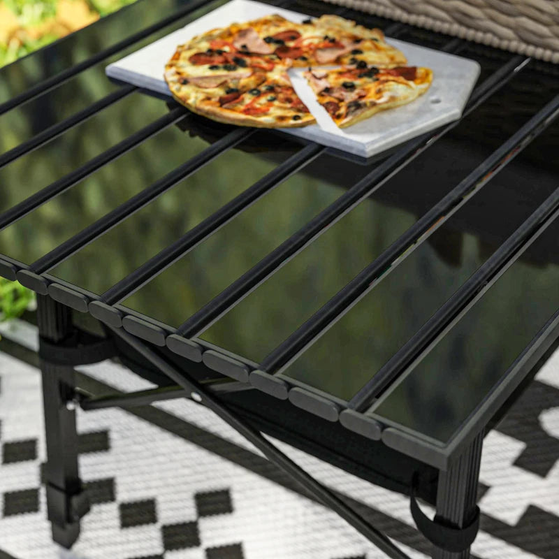 Folding Camping Table, 90 x 55 cm Height Adjustable Portable Collapsible Table, 3ft Lightweight Aluminium Rollup Picnic Table with Storage Basket for Outdoor Garden Party BBQ, Black