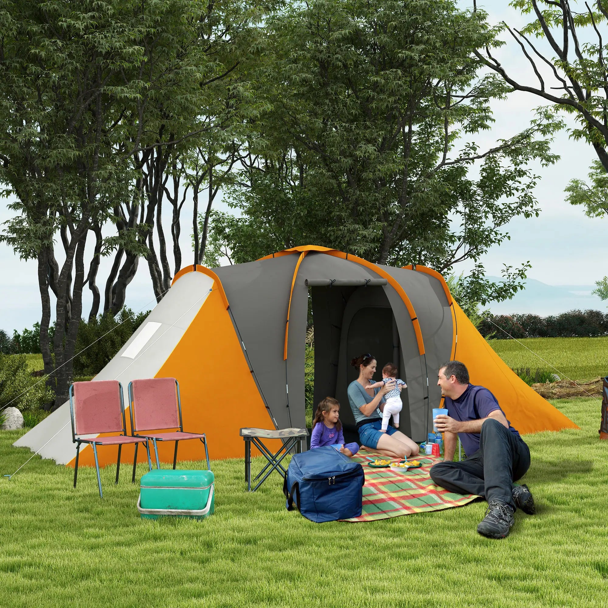 Large Camping Tent Tunnel Tent with 2 Bedroom and Living Area, 2000mm Waterproof, Portable with Bag for 4-6 Man, Orange