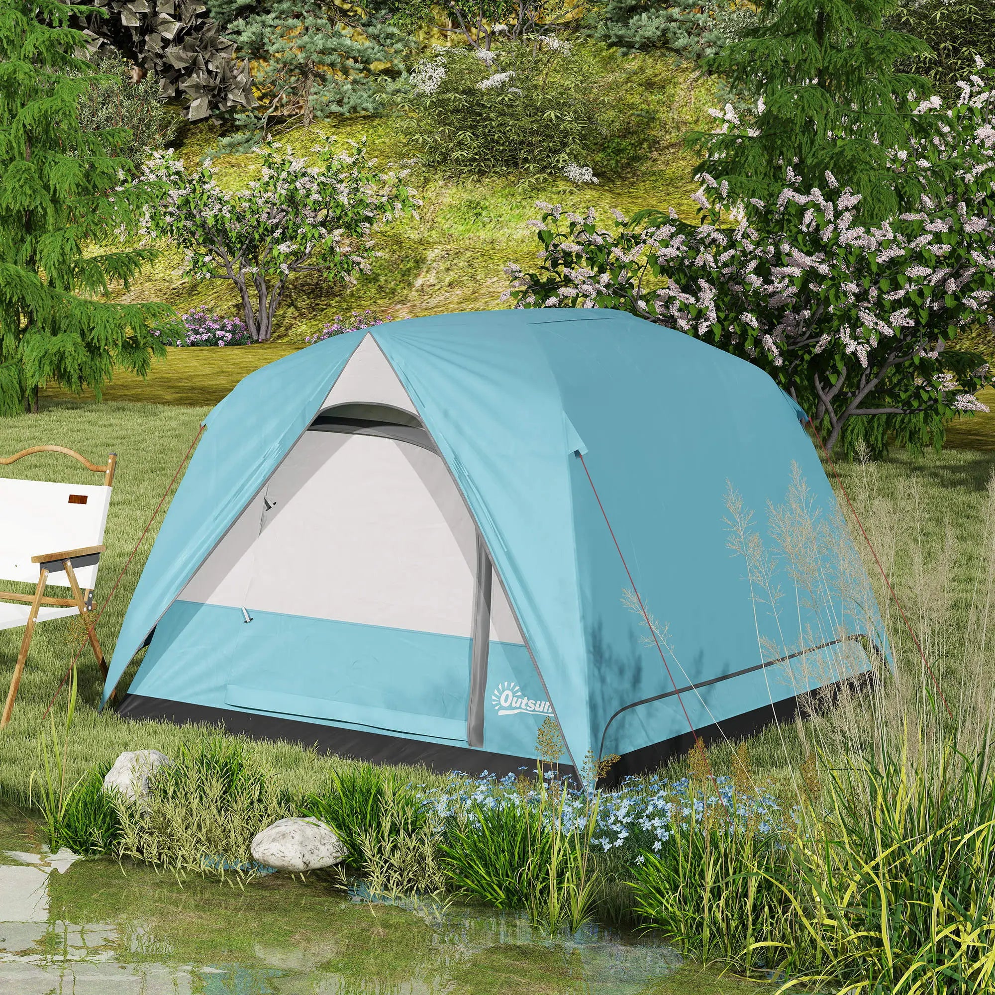 3-4 Person Camping Tent, Easy Set Up Waterproof Dome Tent with Sewn-in Groundsheet, Mesh Windows, Pocket and Hook for Camping, Hiking, Backpacking, Navy Blue and Light Blue