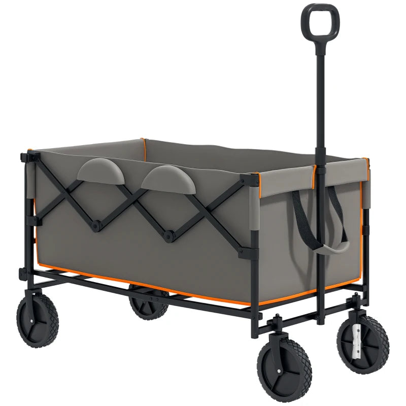 160L Festival Trolley on Wheels, Folding Camping Trolley Cart w/ Tailgate, 100kg Heavy Duty Garden Collapsible Folding Wagon w/Adjustable Handle, Carry Bag for Beach Picnic, Grey and Orange