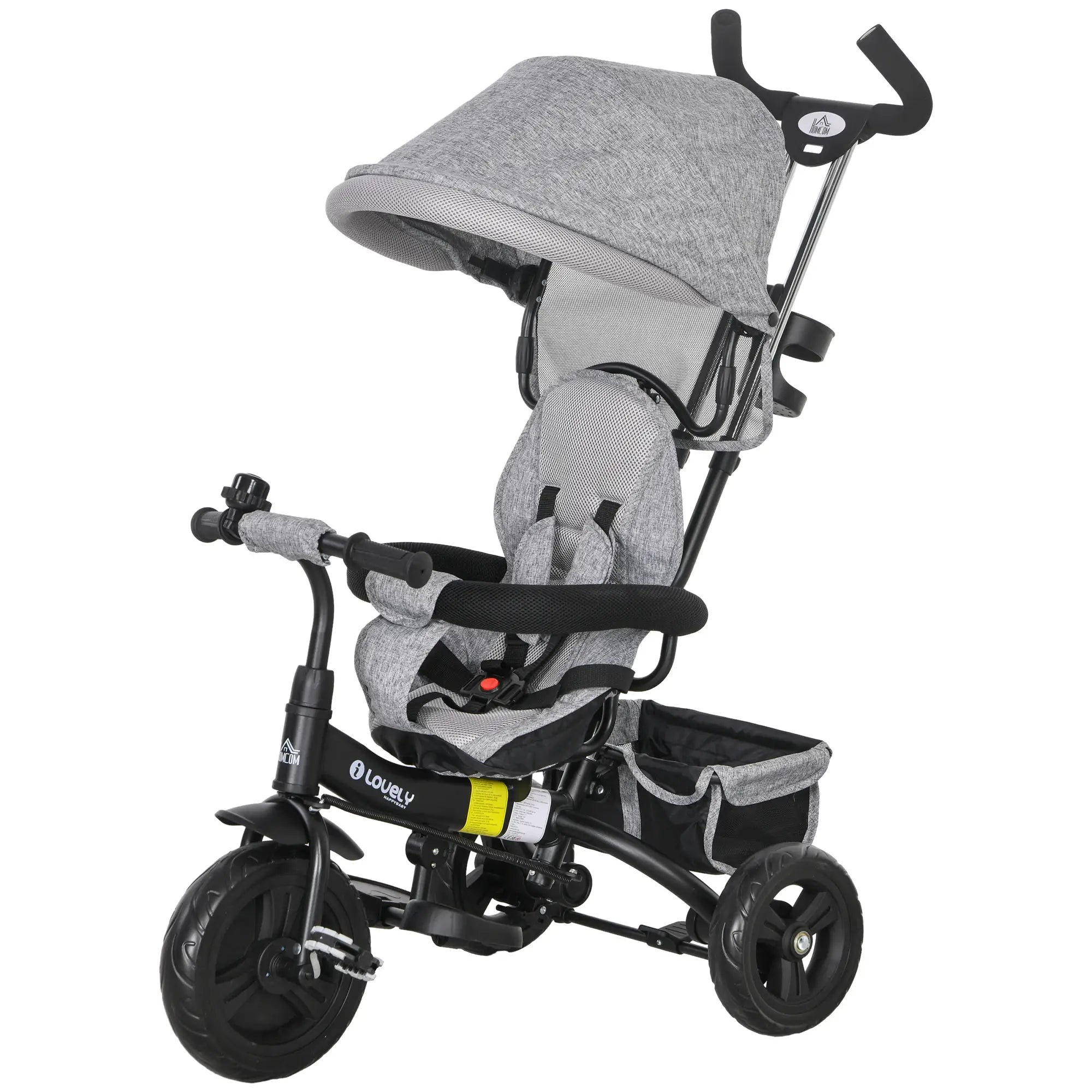 6 in 1 Kids Trike Push Bike w/ Push Handle, Canopy, 5-point Safety Belt, Storage, Footrest, Brake, for 1-5 Years, Grey
