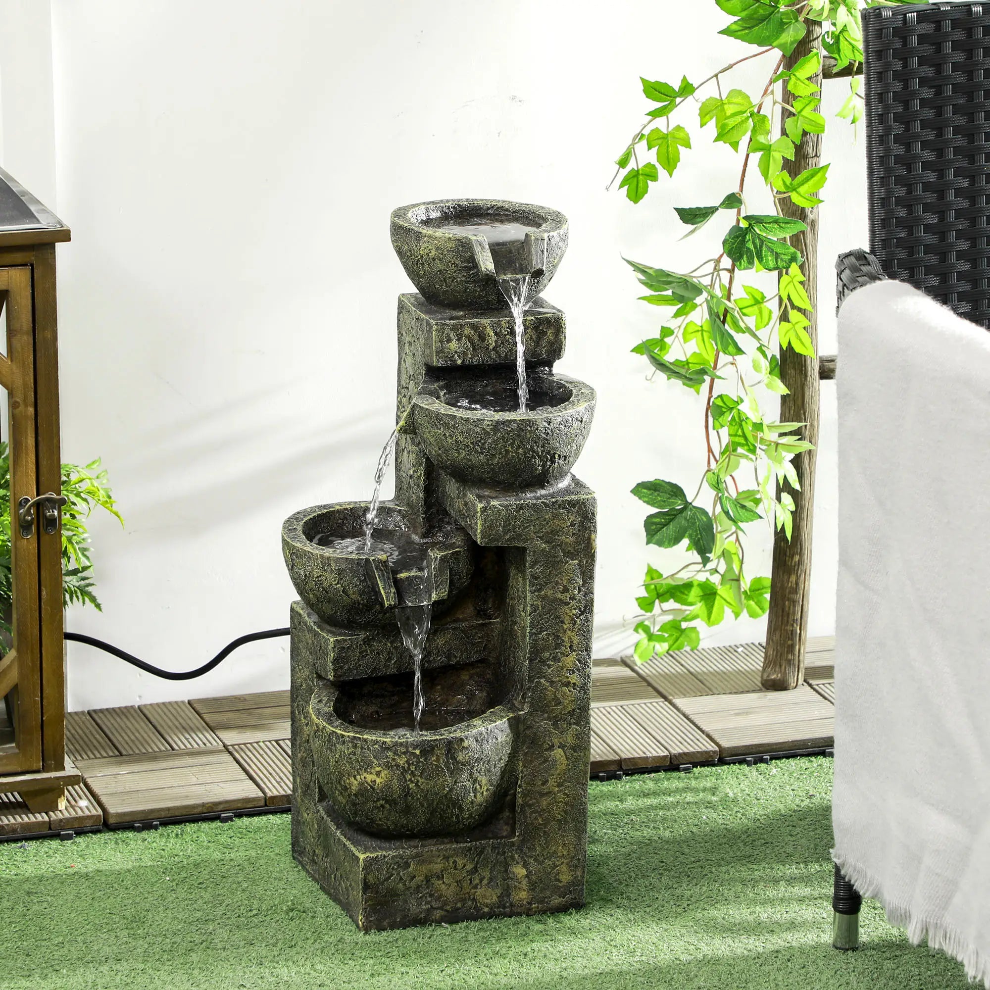 Garden Water Feature Waterfall Fountain with 4-Tier Stone Look Bowls, Adjustable Flow, Black and Yellow