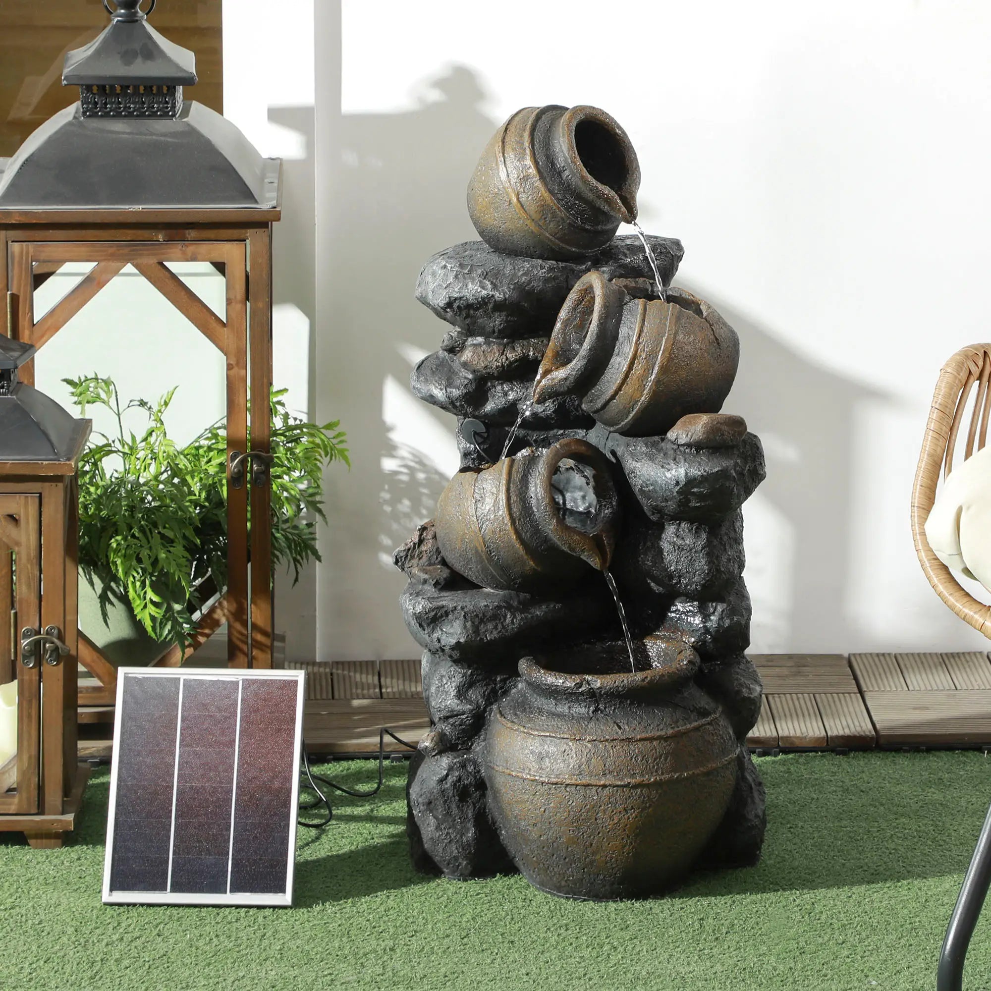 Solar Powered Garden Water Feature with LED Lights and Pump, 4 Tier Cascading Water Fountain for Indoor/Outdoor, Jars Waterfall Ornament, 72cm Height