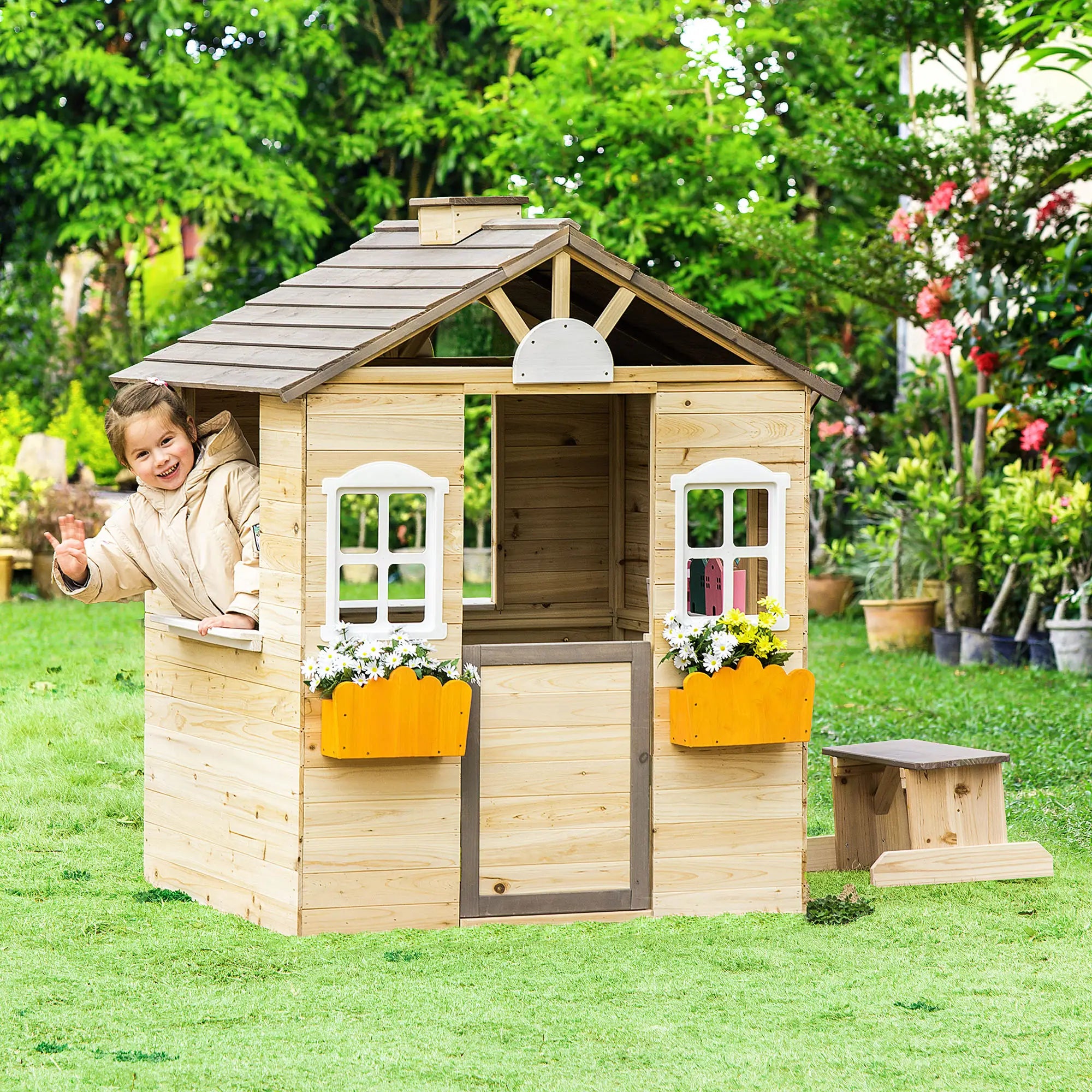 Wooden Playhouse for Kids Outdoor Wendy House with Door, windows, Bench, Service Stations, Flowerpot Holder, For Ages 3-7 Years