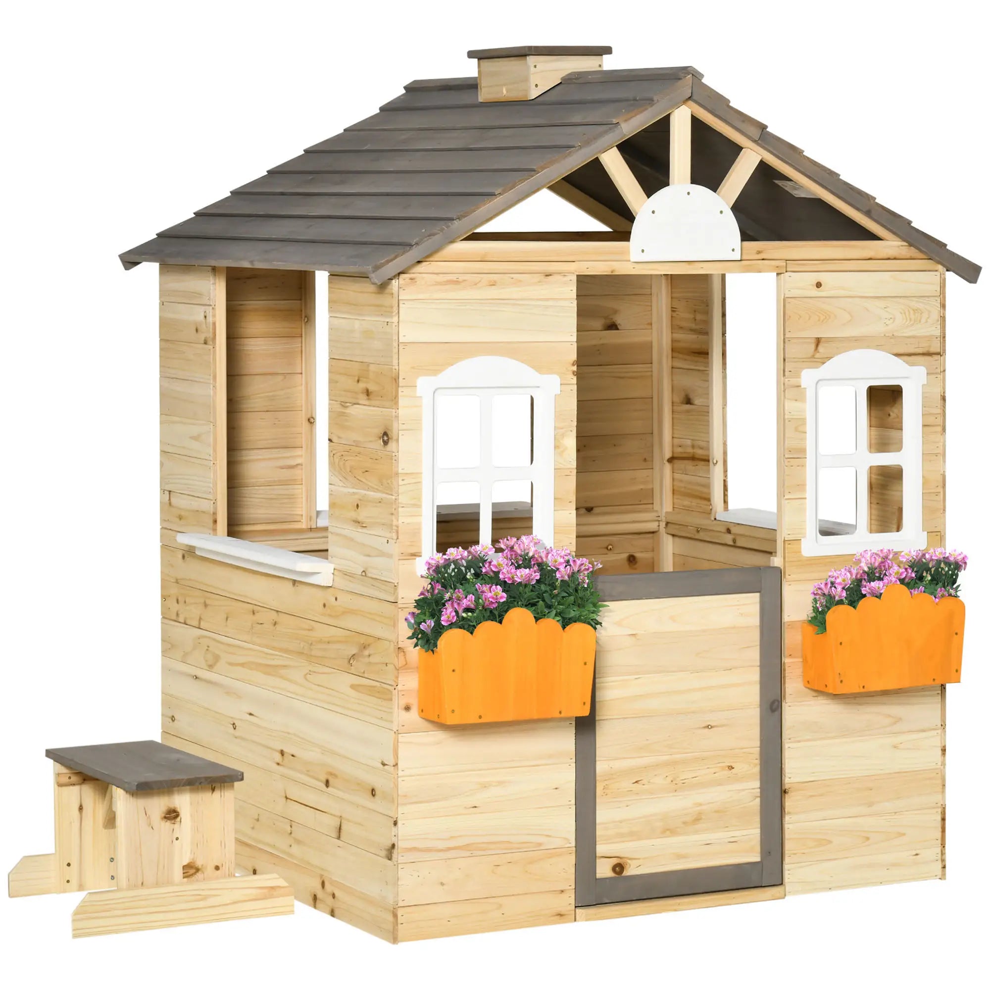 Wooden Playhouse for Kids Outdoor Wendy House with Door, windows, Bench, Service Stations, Flowerpot Holder, For Ages 3-7 Years