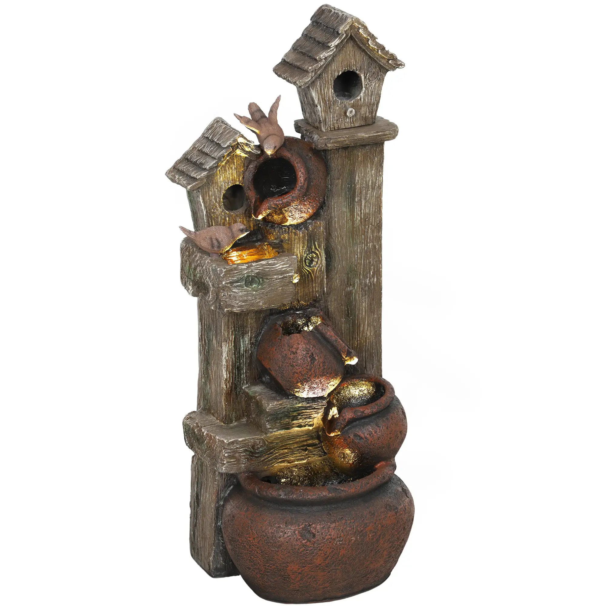 2-in-1 Waterfall Fountain with Birdhouse, Resin Garden Water Fountain with LED Lights Pump, Cascading Garden Water Feature with Tree Trunk Design, Multi-colour